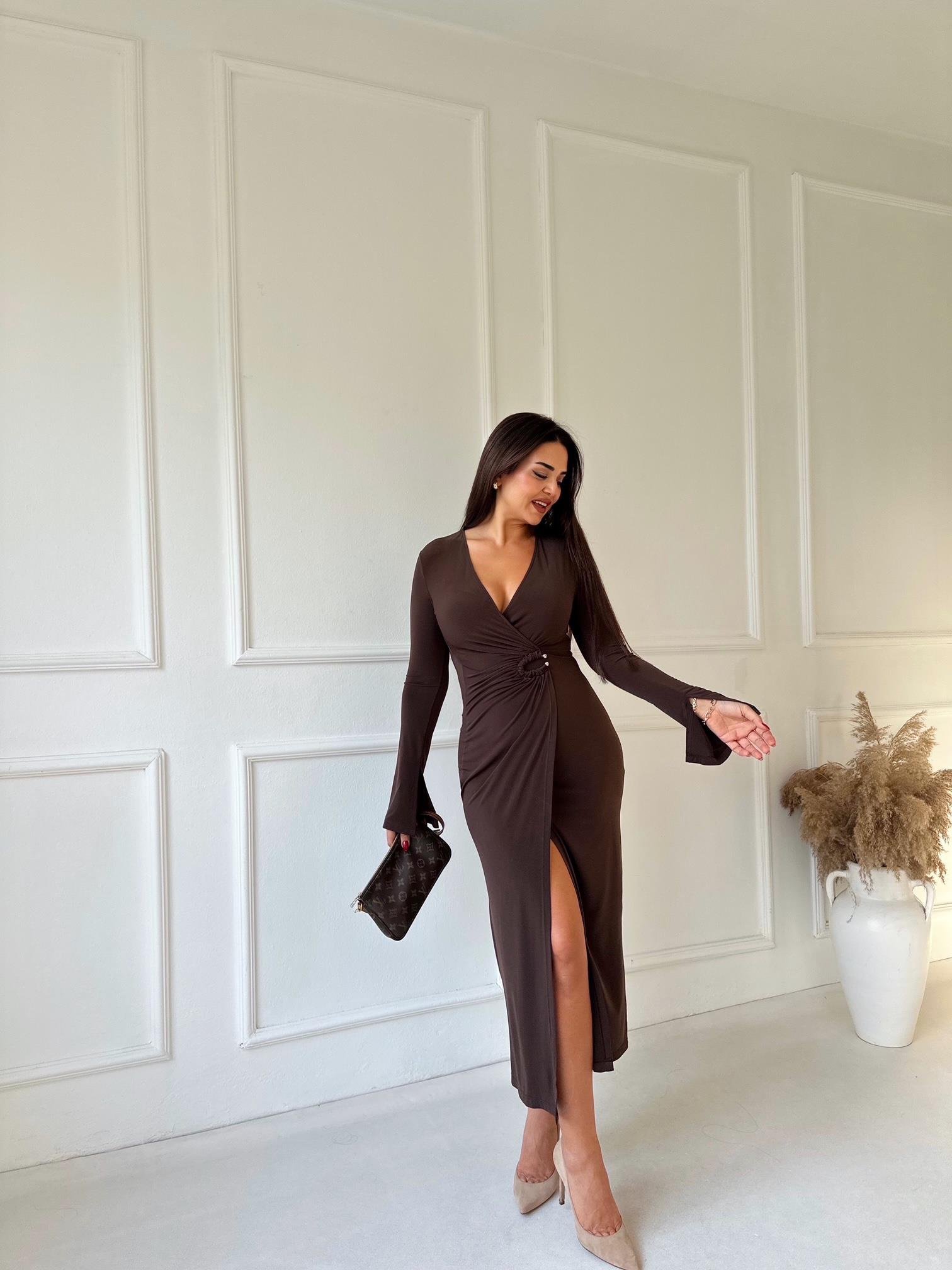 Lüks Kalite Tokalı Kahve Kruvaze Midi Elbise