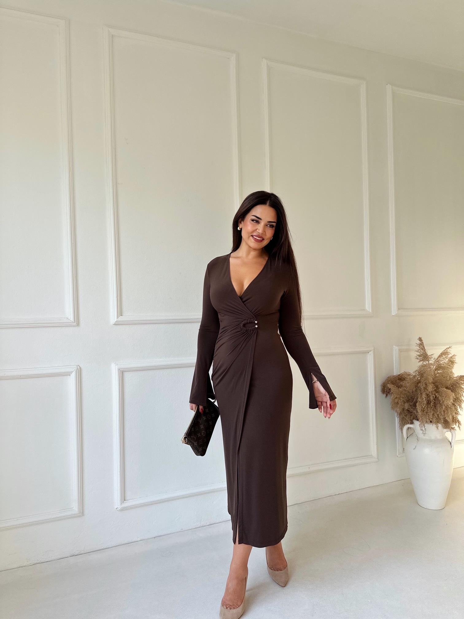 Lüks Kalite Tokalı Kahve Kruvaze Midi Elbise