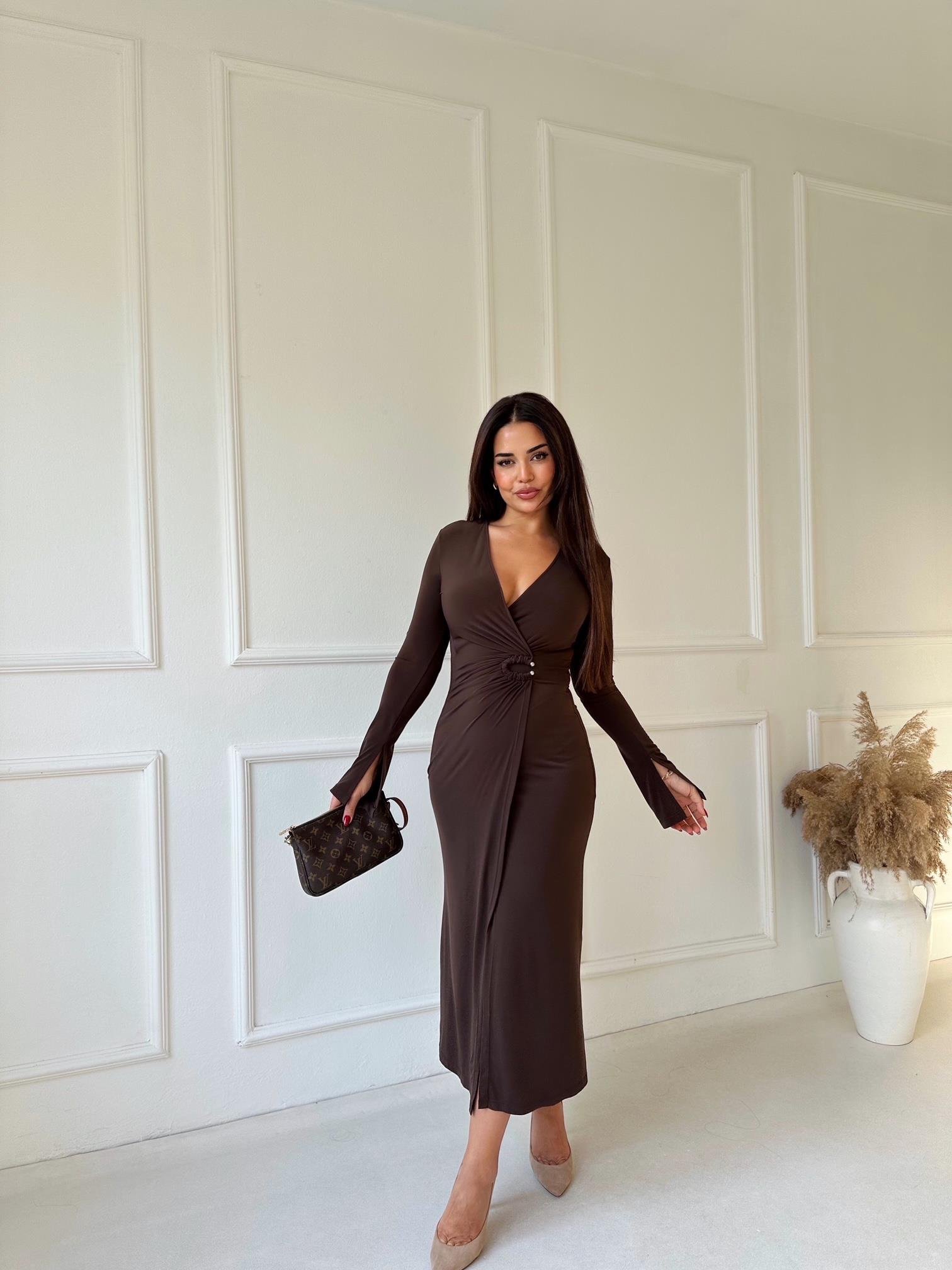 Lüks Kalite Tokalı Kahve Kruvaze Midi Elbise