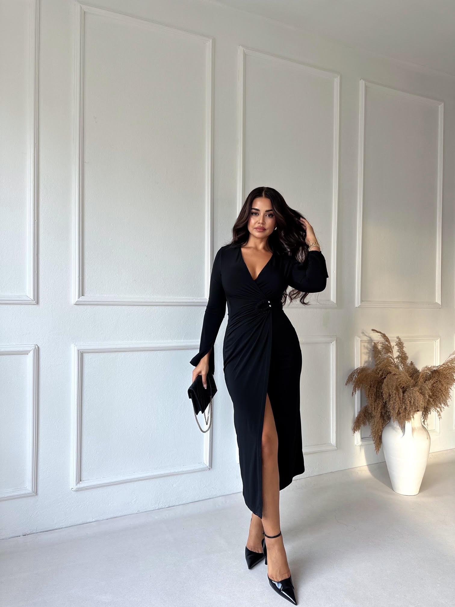 Lüks Kalite Tokalı Kruvaze Midi Elbise