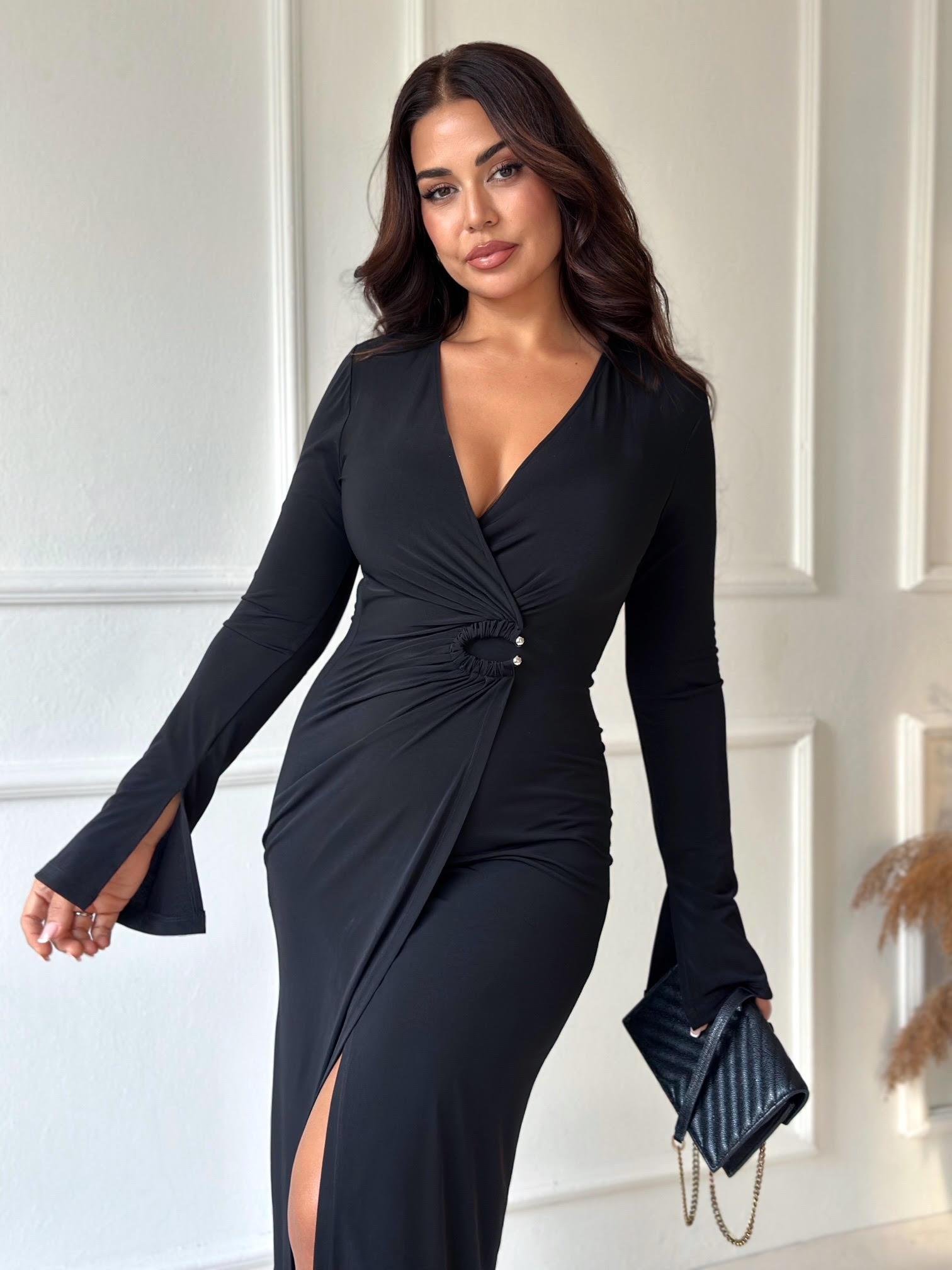 Lüks Kalite Tokalı Kruvaze Midi Elbise