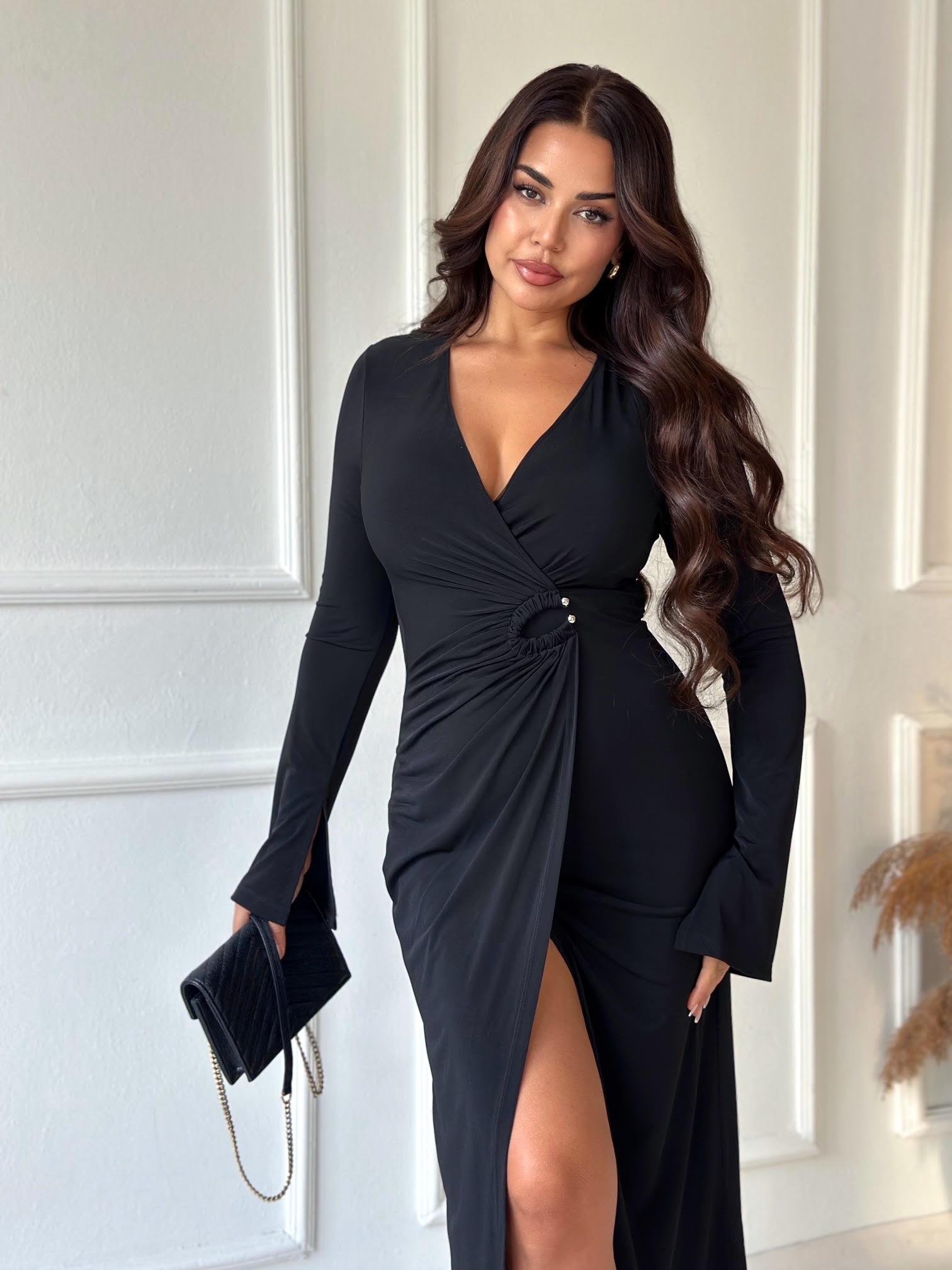 Lüks Kalite Tokalı Kruvaze Midi Elbise