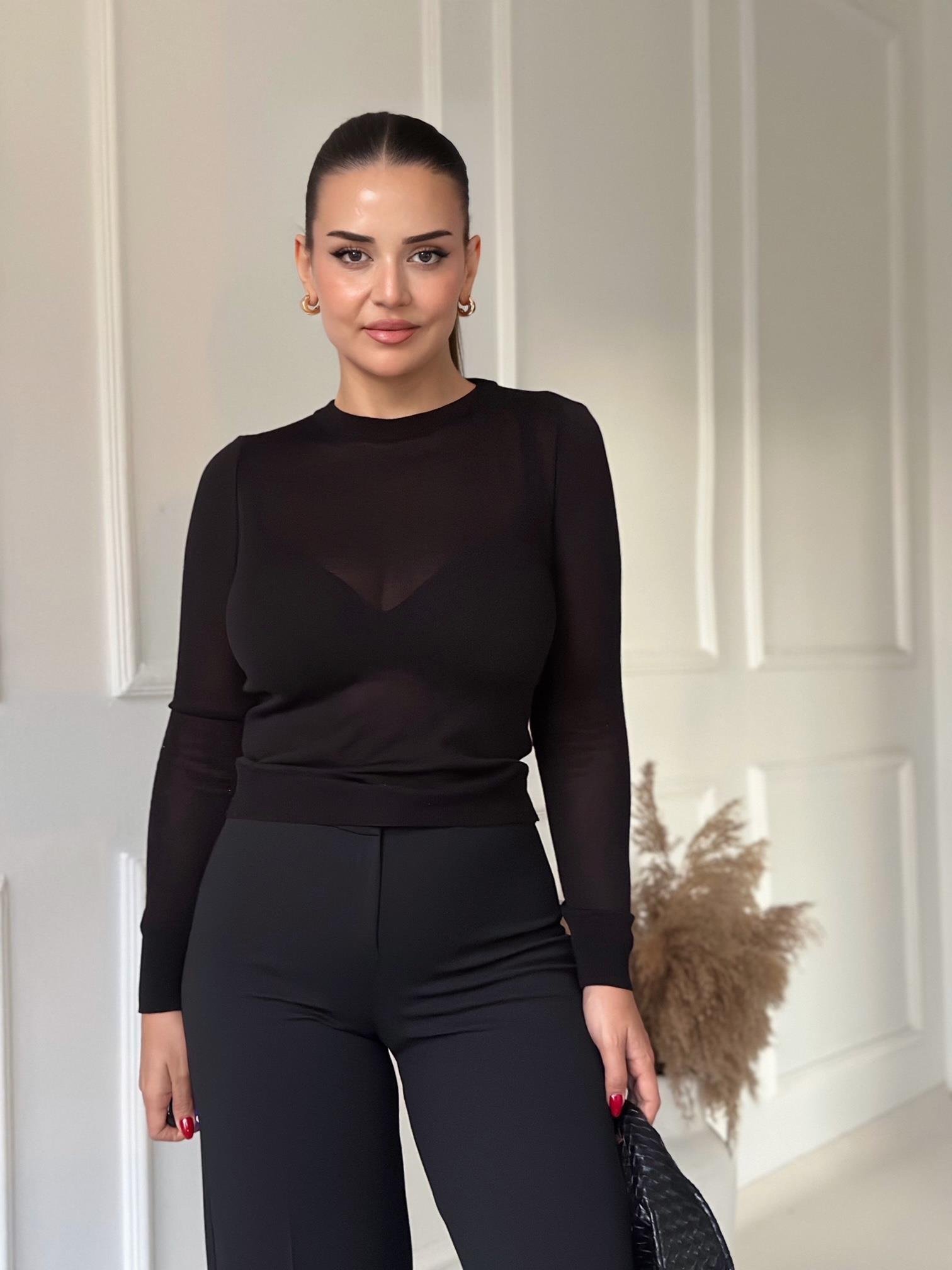 Lüks Kalite Transparan Siyah Basic Triko