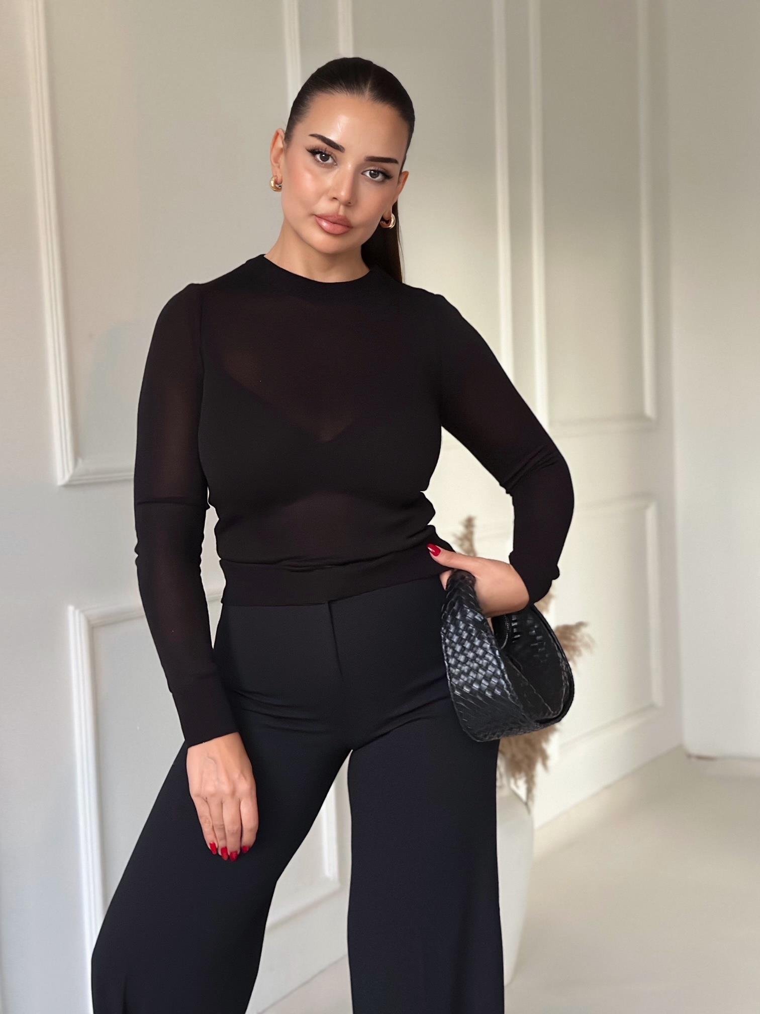 Lüks Kalite Transparan Siyah Basic Triko