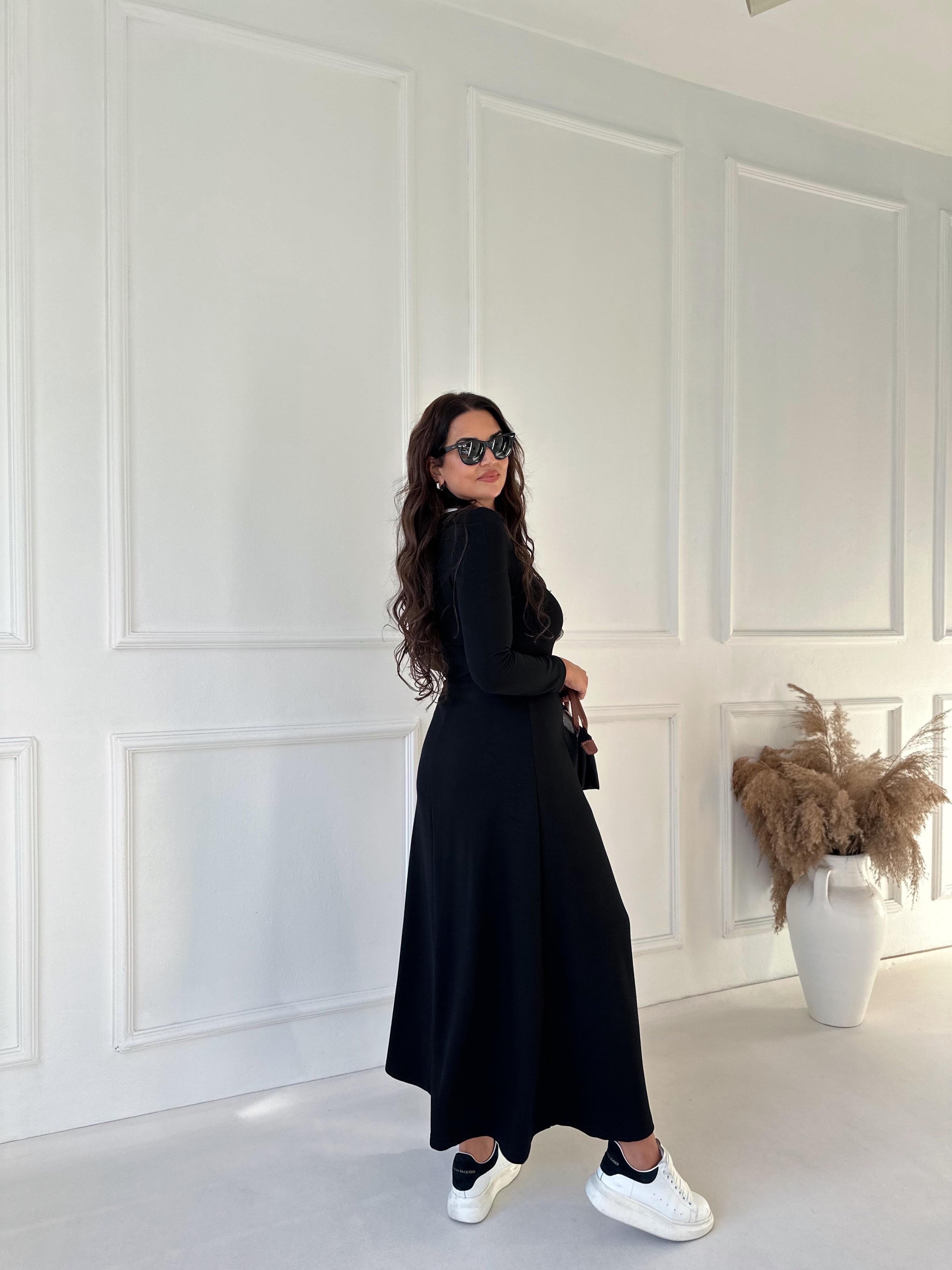 Lüks Kalite U Yaka Uzun Kollu Beyaz Şeritli Maksi Elbise