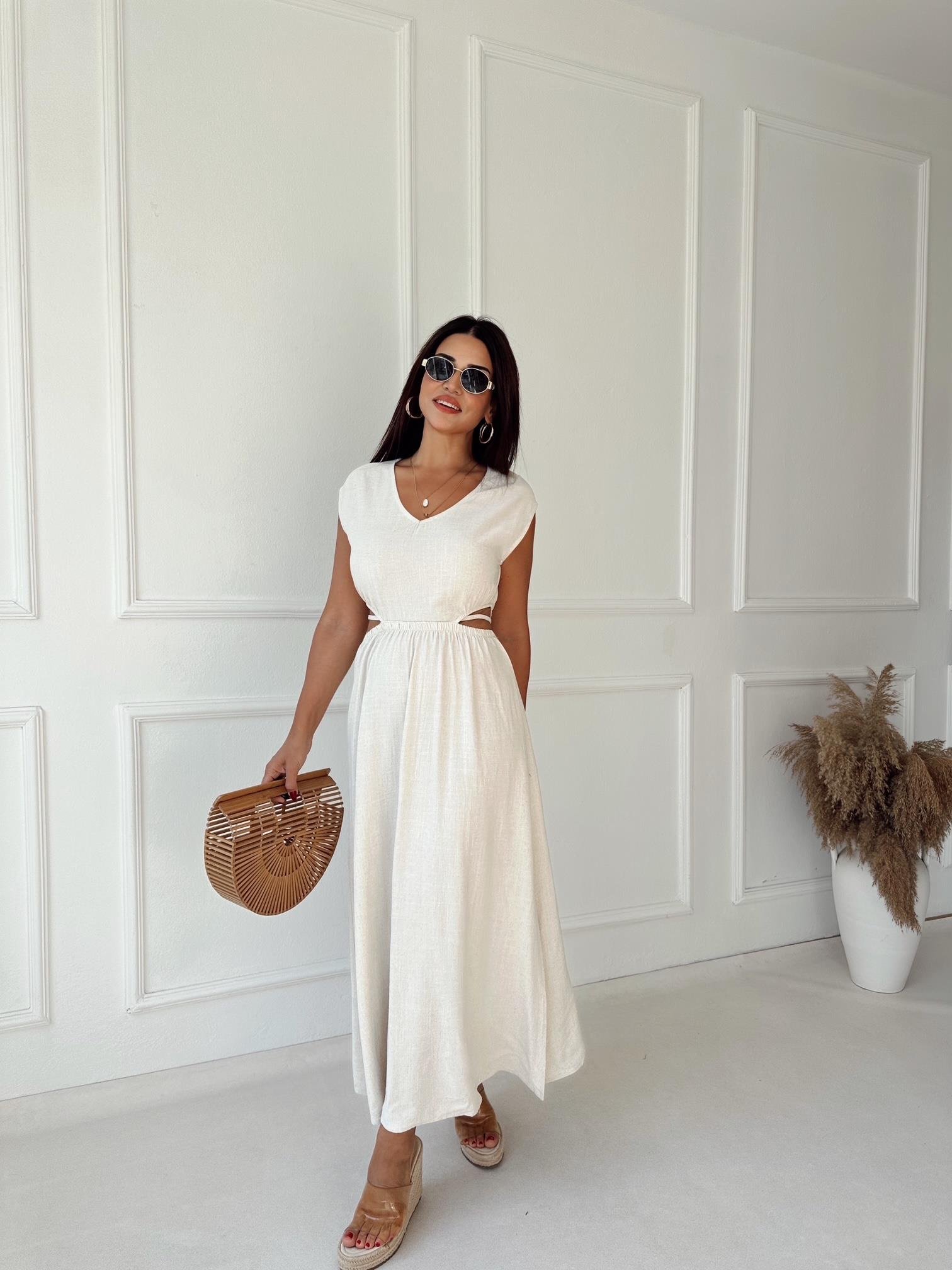 Lüks Kalite V Yaka Bel Detaylı Bej Keten Elbise