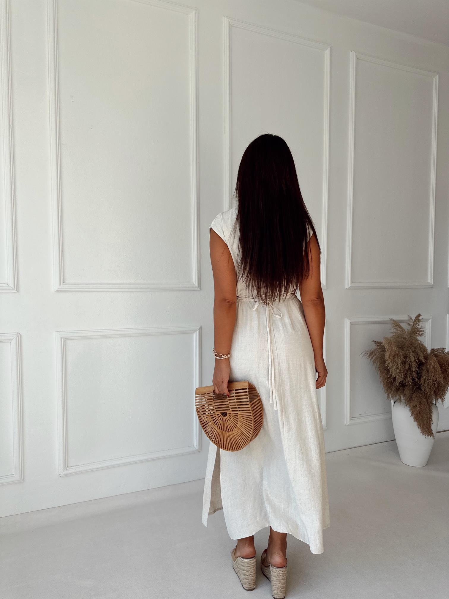 Lüks Kalite V Yaka Bel Detaylı Bej Keten Elbise