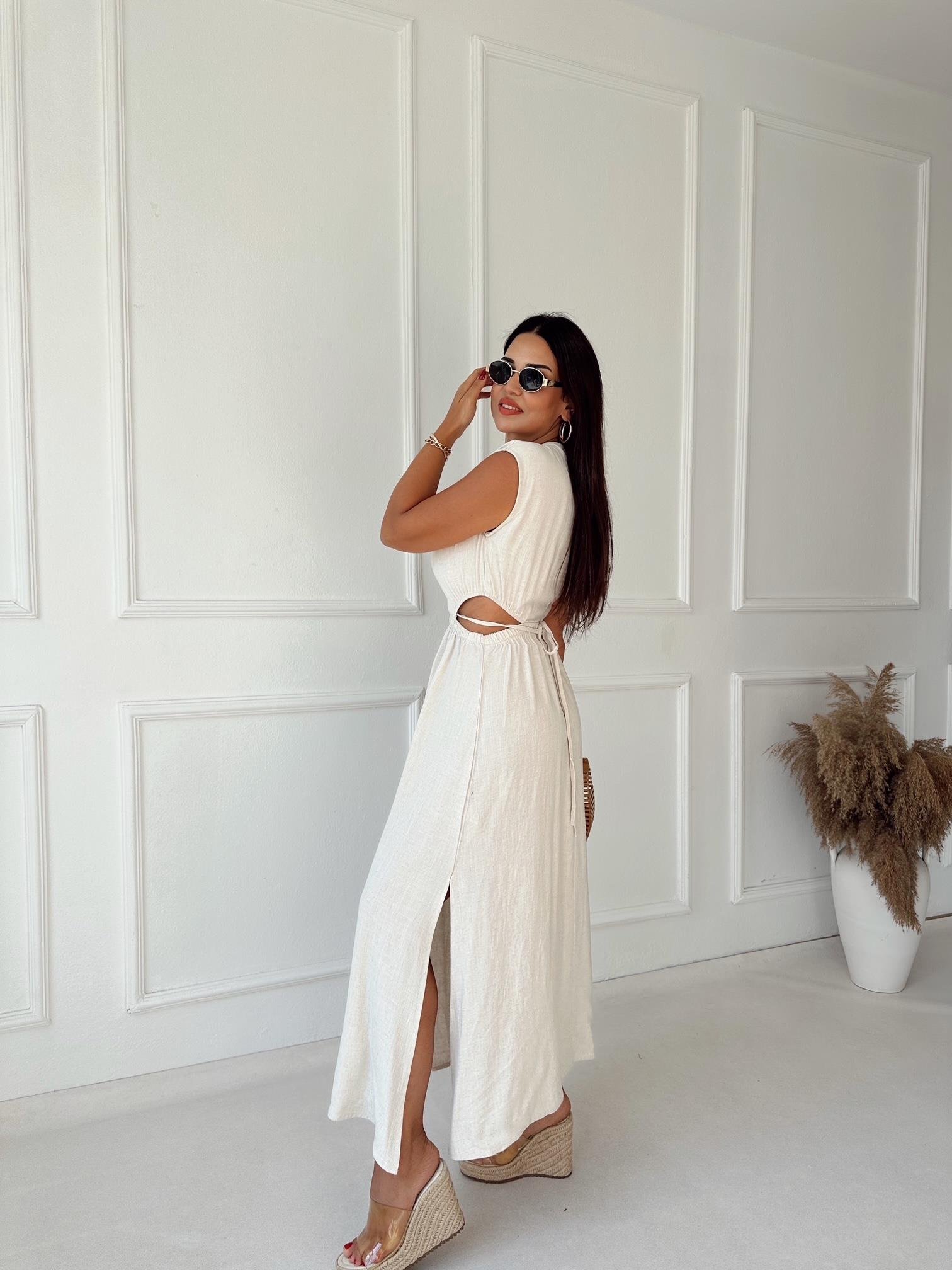 Lüks Kalite V Yaka Bel Detaylı Bej Keten Elbise