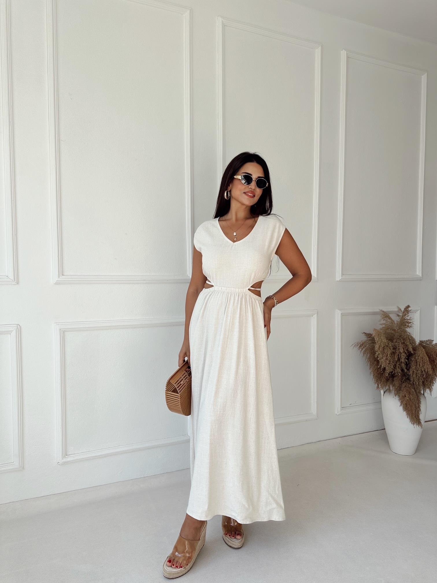 Lüks Kalite V Yaka Bel Detaylı Bej Keten Elbise