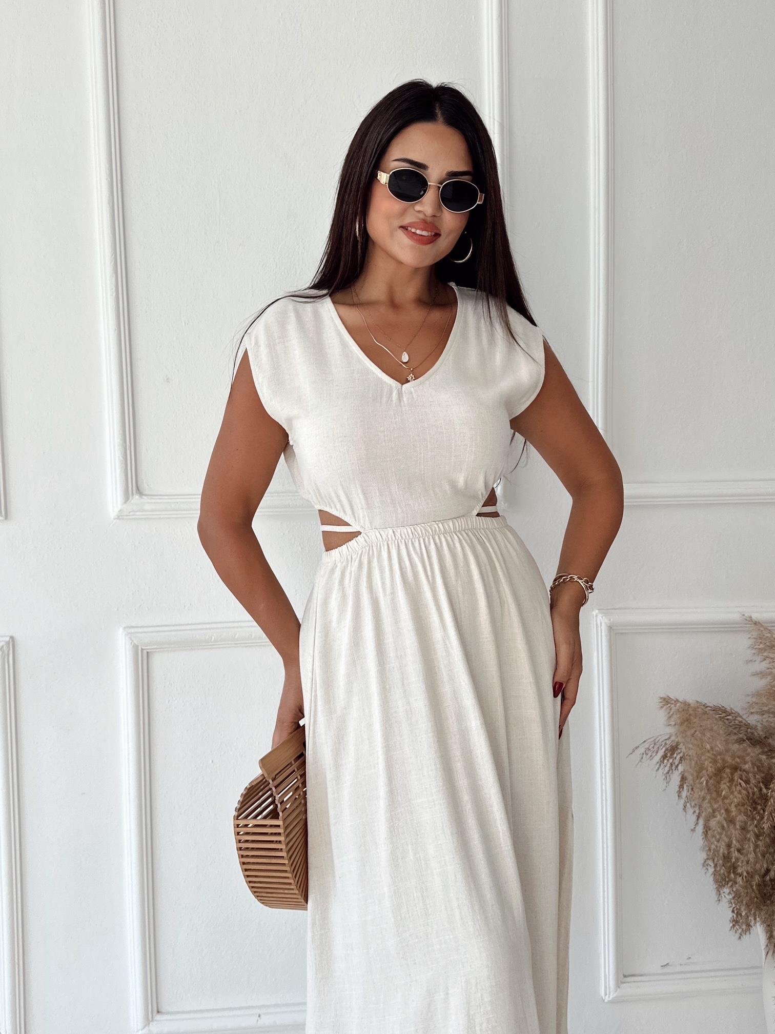 Lüks Kalite V Yaka Bel Detaylı Bej Keten Elbise