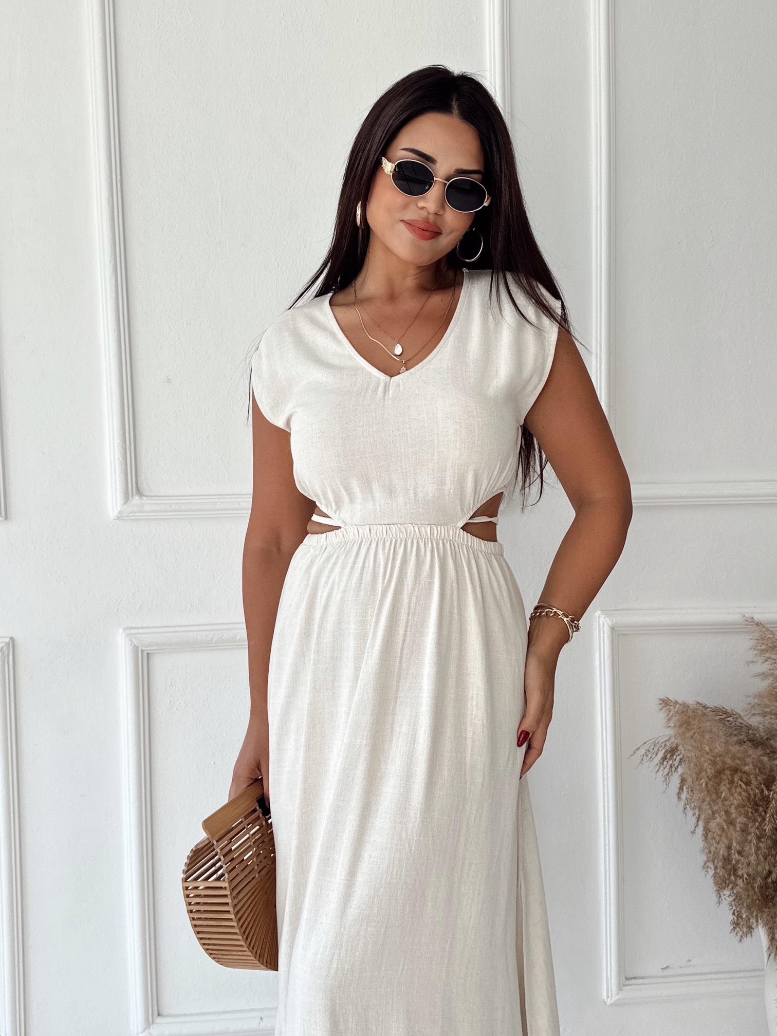 Lüks Kalite V Yaka Bel Detaylı Bej Keten Elbise