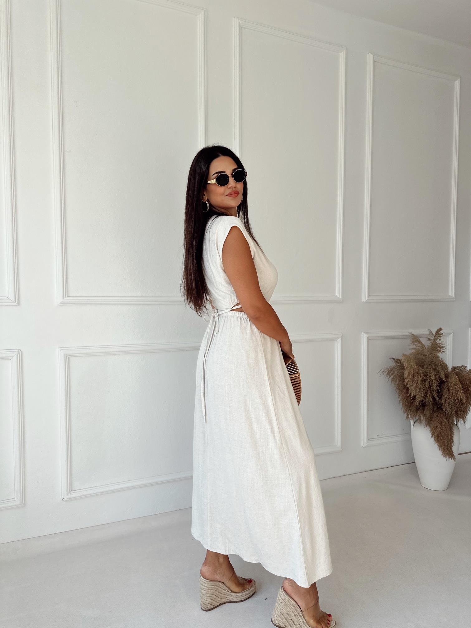 Lüks Kalite V Yaka Bel Detaylı Bej Keten Elbise