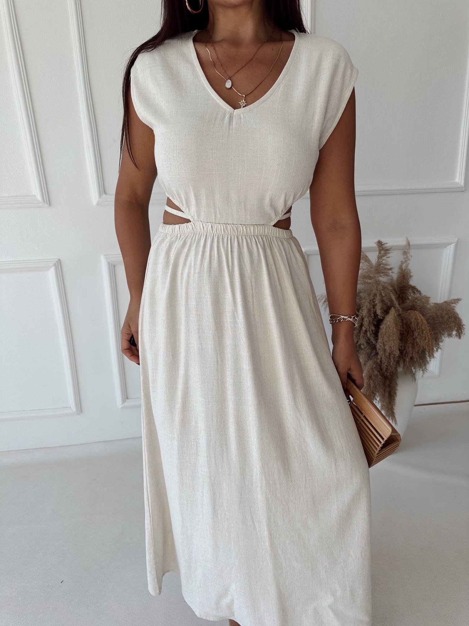 Lüks Kalite V Yaka Bel Detaylı Bej Keten Elbise