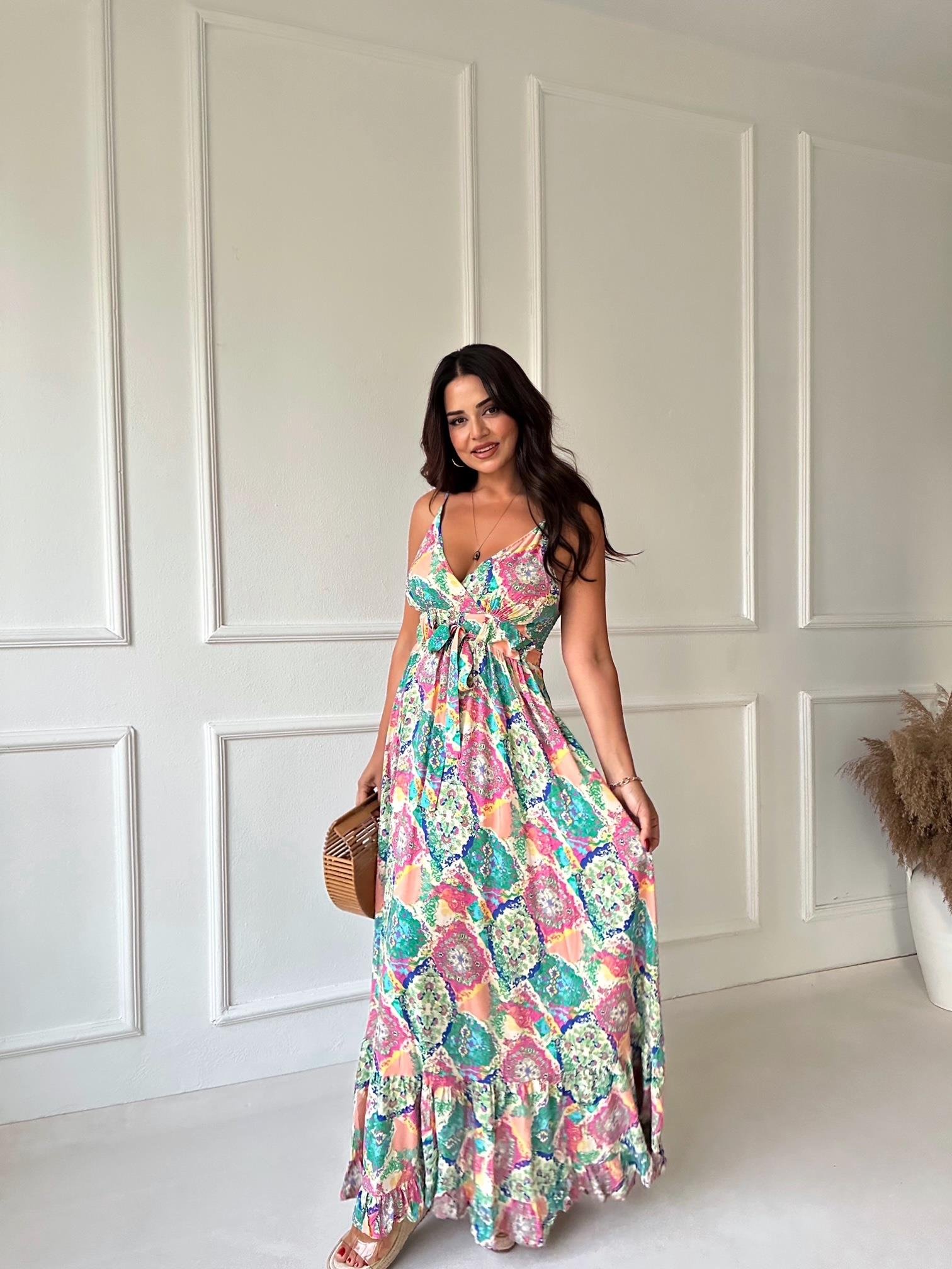 Lüks Kalite Yeşil Şal Desen Maksi Elbise