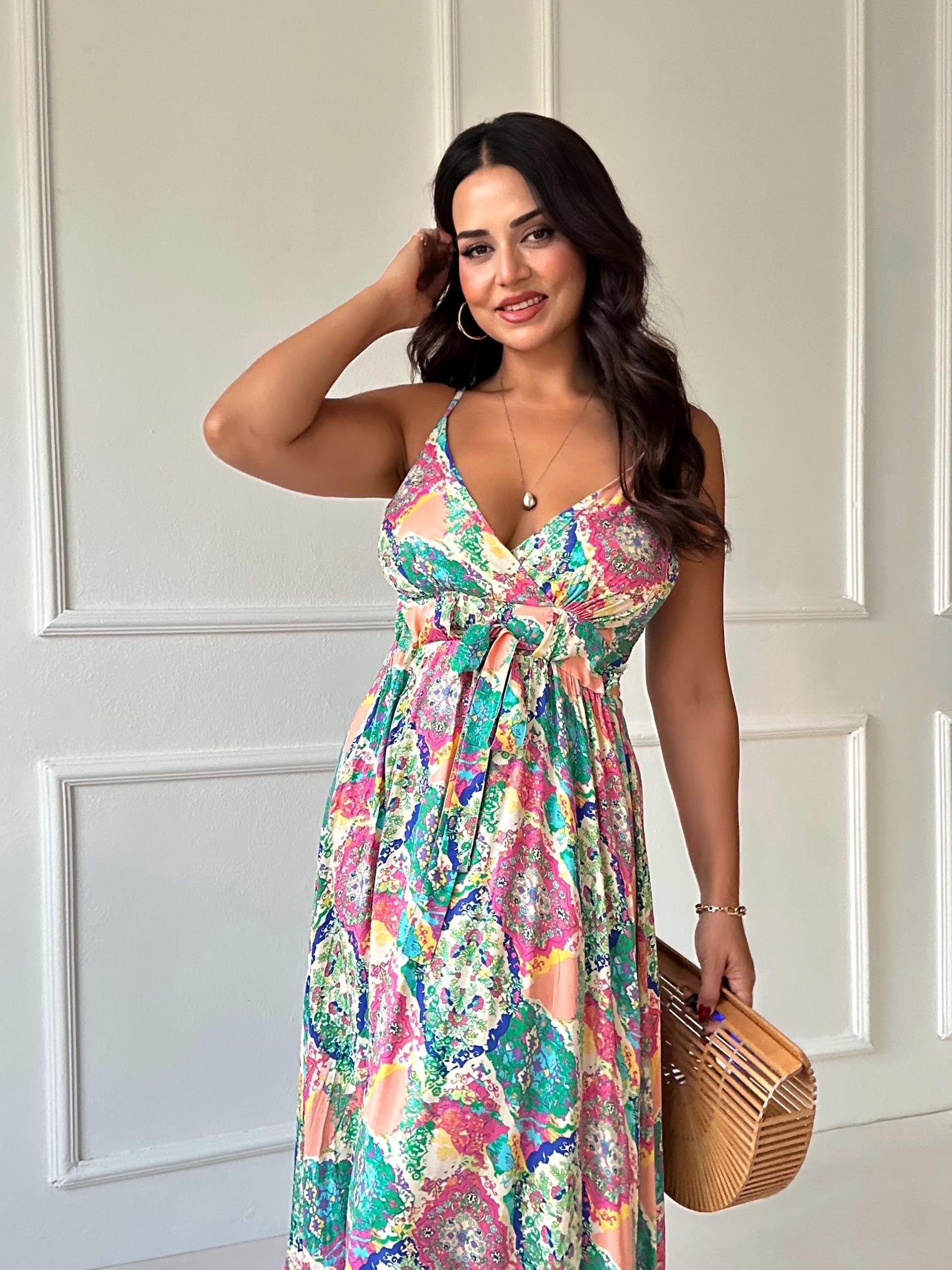 Lüks Kalite Yeşil Şal Desen Maksi Elbise