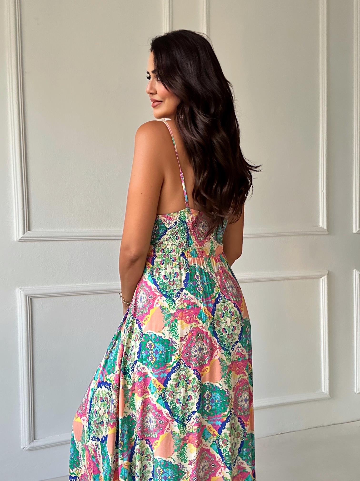 Lüks Kalite Yeşil Şal Desen Maksi Elbise