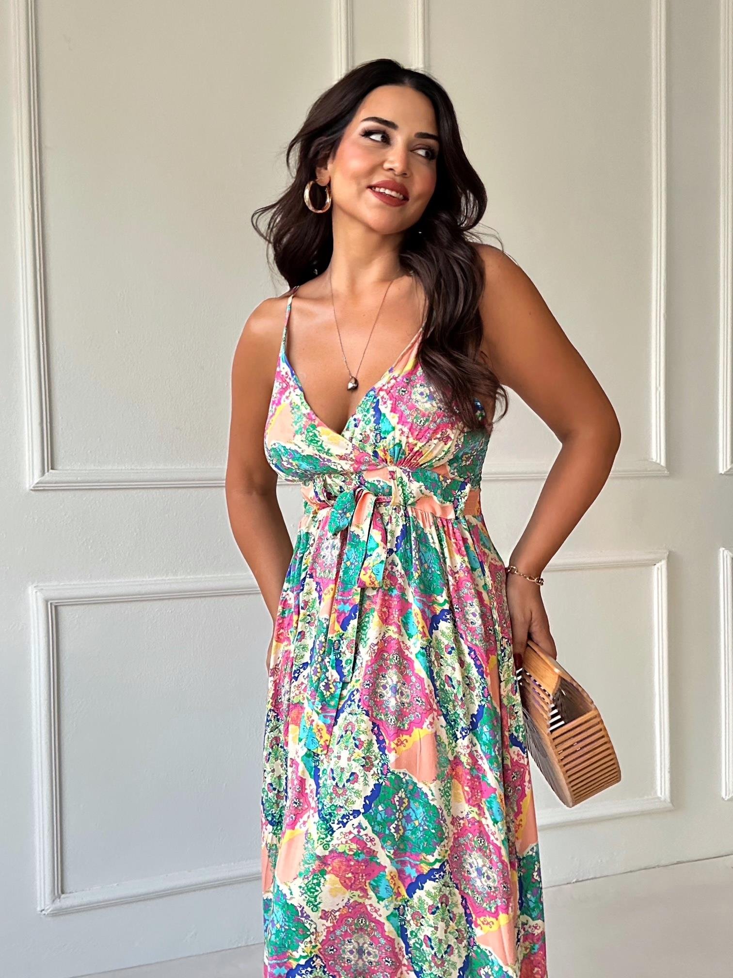 Lüks Kalite Yeşil Şal Desen Maksi Elbise