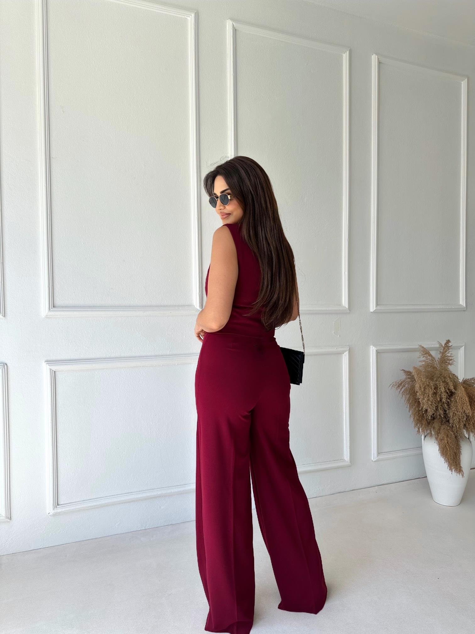 Lüks Kalite Yüksek Bel Full Likra Palazzo Pantolon Bordo | Nora Butik