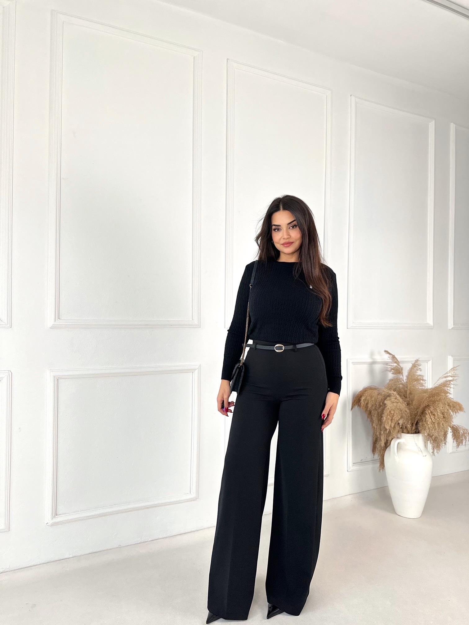 Lüks Kalite Yüksek Bel Kemerli Full Likra Palazzo Pantolon Siyah | Nora Butik