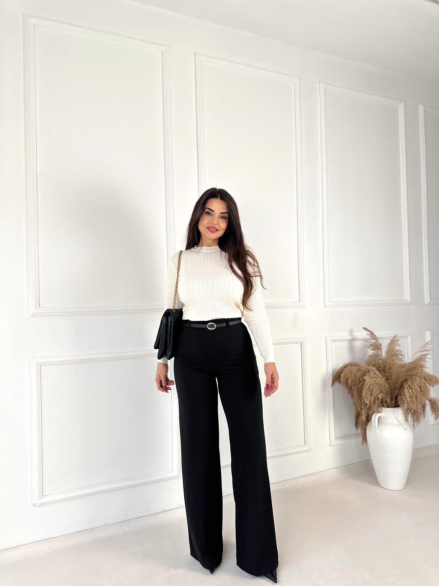 Lüks Kalite Yüksek Bel Kemerli Full Likra Palazzo Pantolon Siyah | Nora Butik