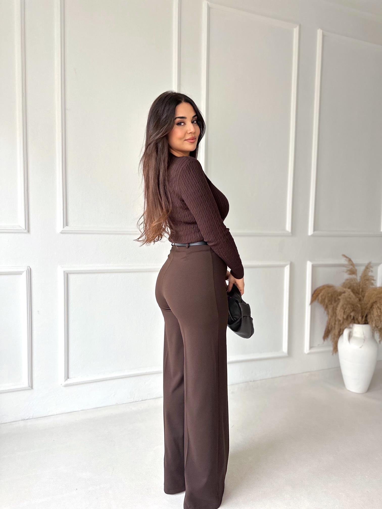 Lüks Kalite Yüksek Bel Kemerli Full Likra Palazzo Pantolon Kahve | Nora Butik