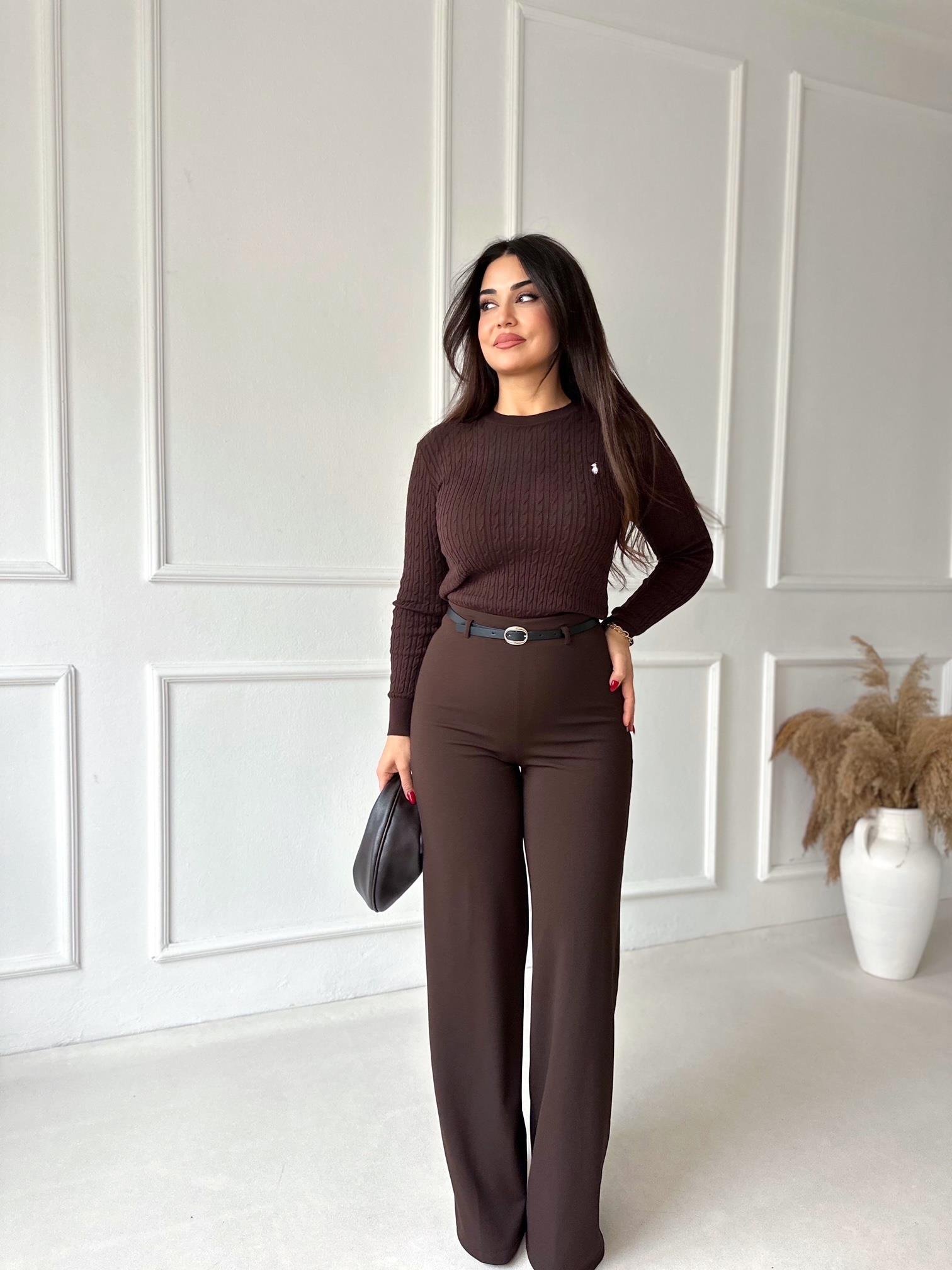 Lüks Kalite Yüksek Bel Kemerli Full Likra Palazzo Pantolon Kahve | Nora Butik