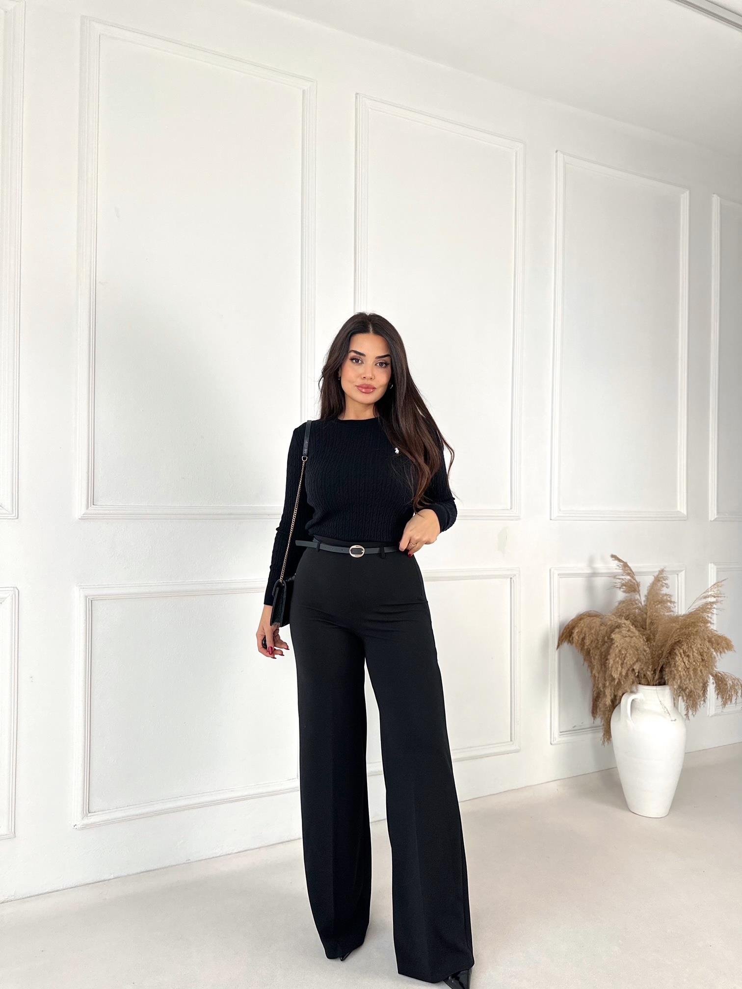 Lüks Kalite Yüksek Bel Kemerli Full Likra Palazzo Pantolon Siyah | Nora Butik