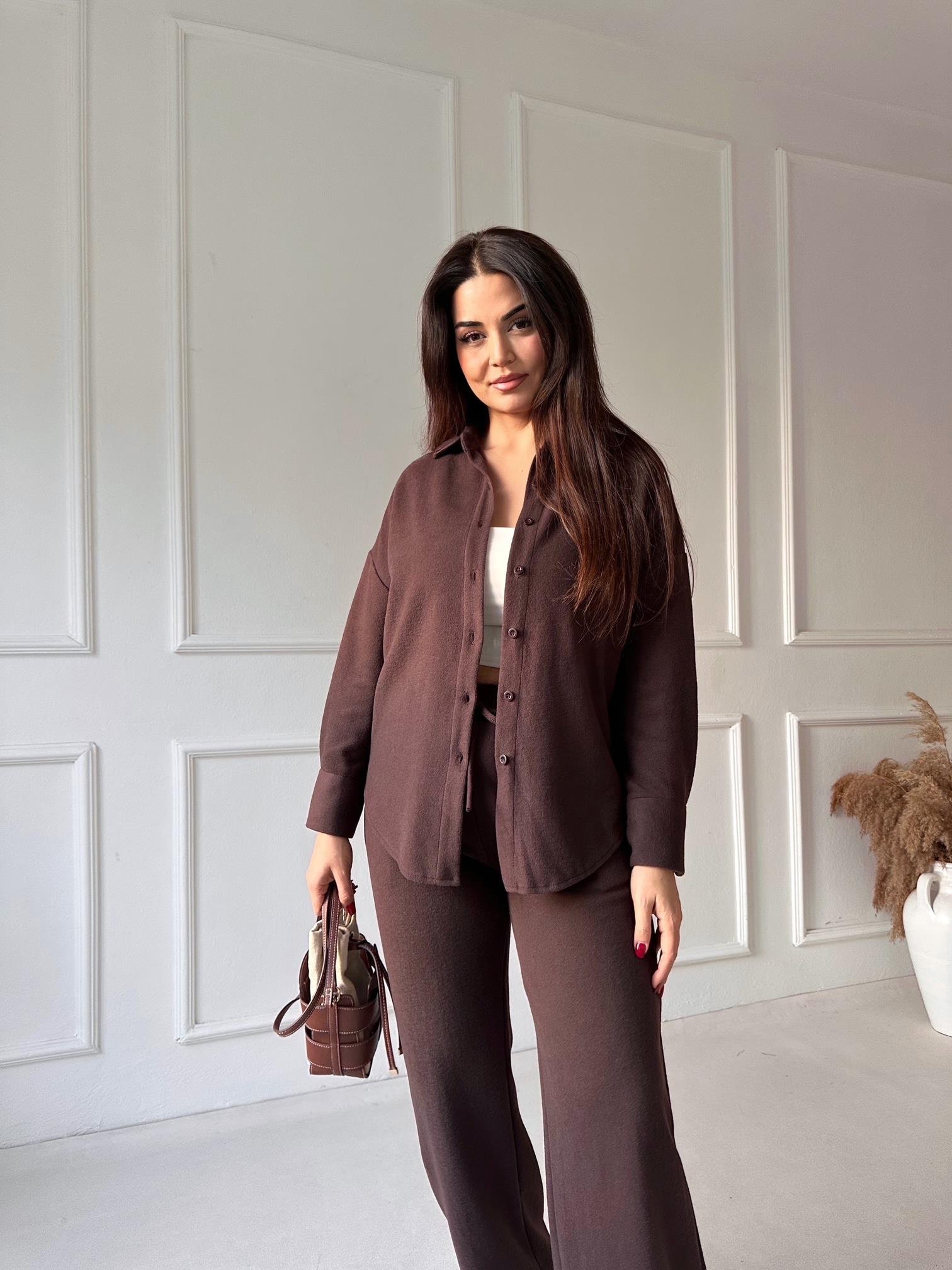 Luna Comfort Pantolon ve Gömlek Takım - Kahverengi 