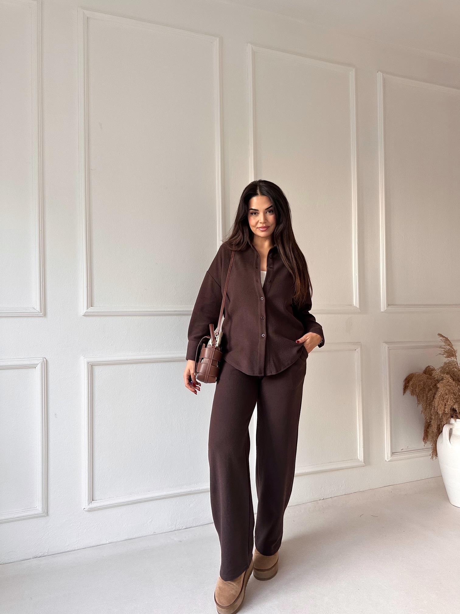 Luna Comfort Pantolon ve Gömlek Takım - Kahverengi 