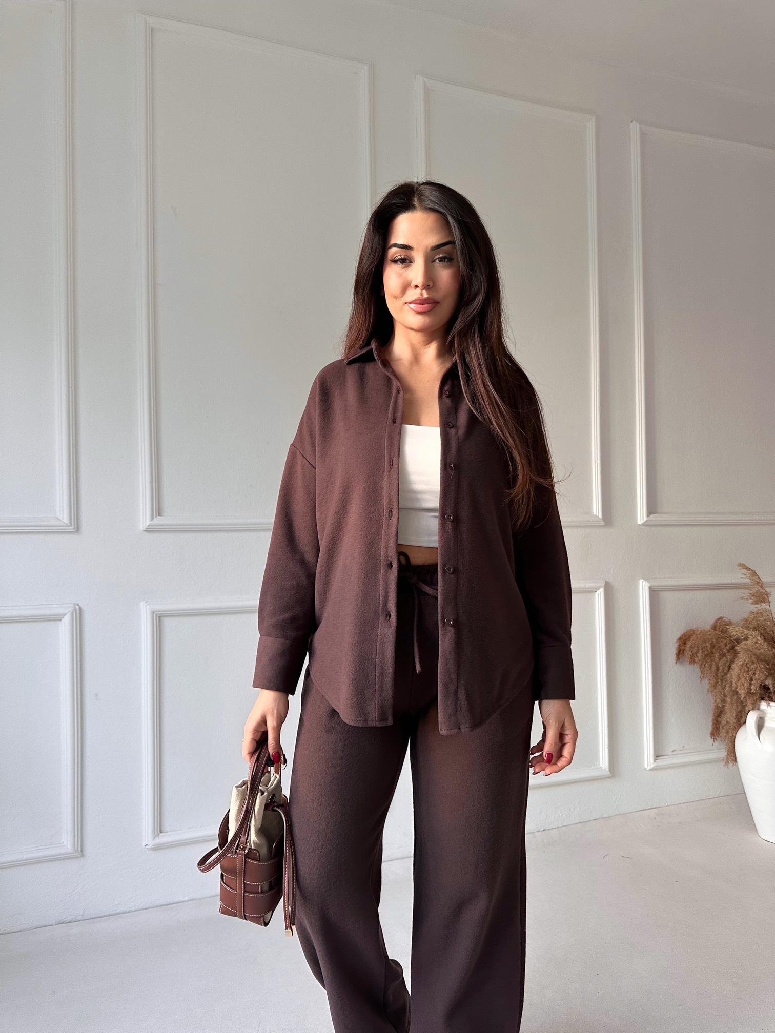 Luna Comfort Pantolon ve Gömlek Takım - Kahverengi 