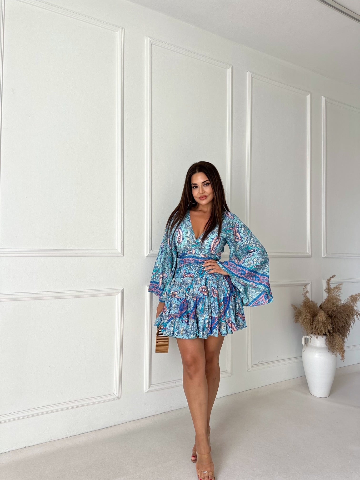 Maris Şal Desenli Bağlamalı Bluz Etek Takım - Mavi