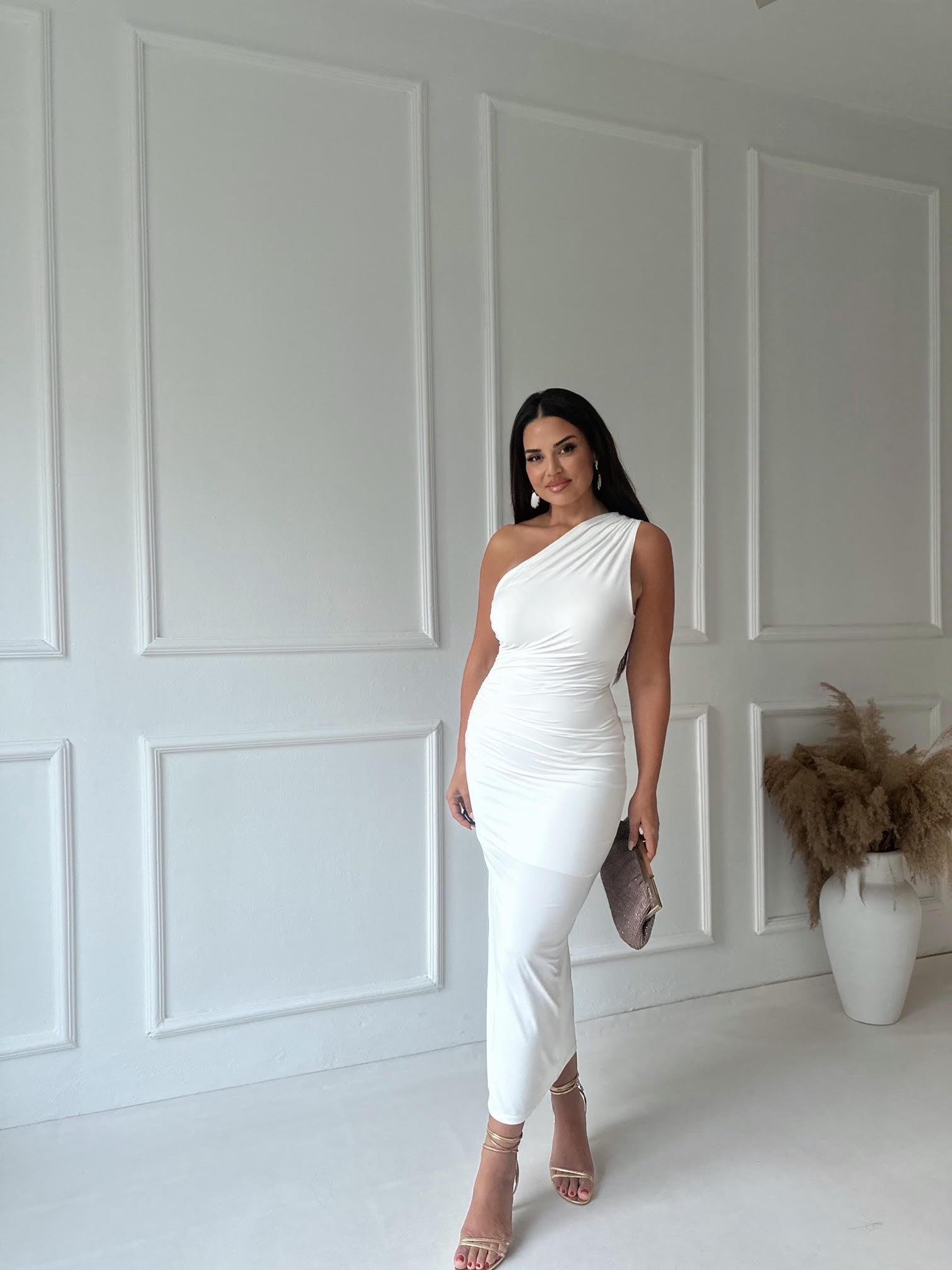 Marka Model Beyaz Tek Omuz Yırtmaçlı Uzun Elbise