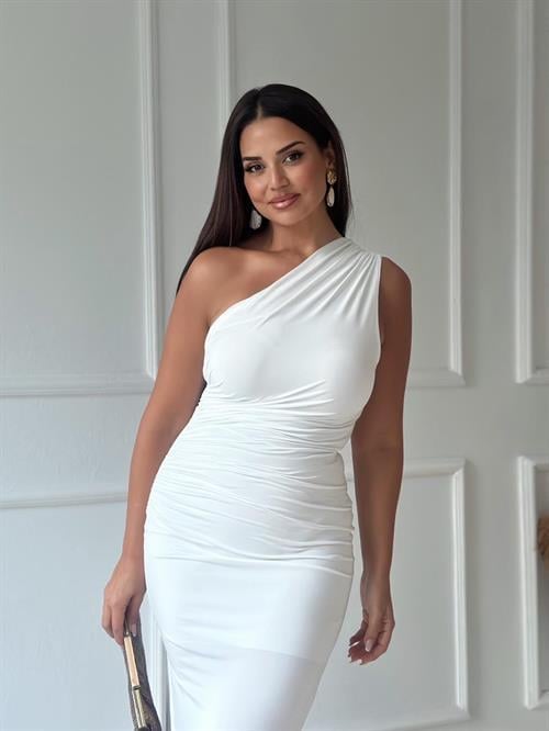 Marka Model Beyaz Tek Omuz Yırtmaçlı Uzun Elbise