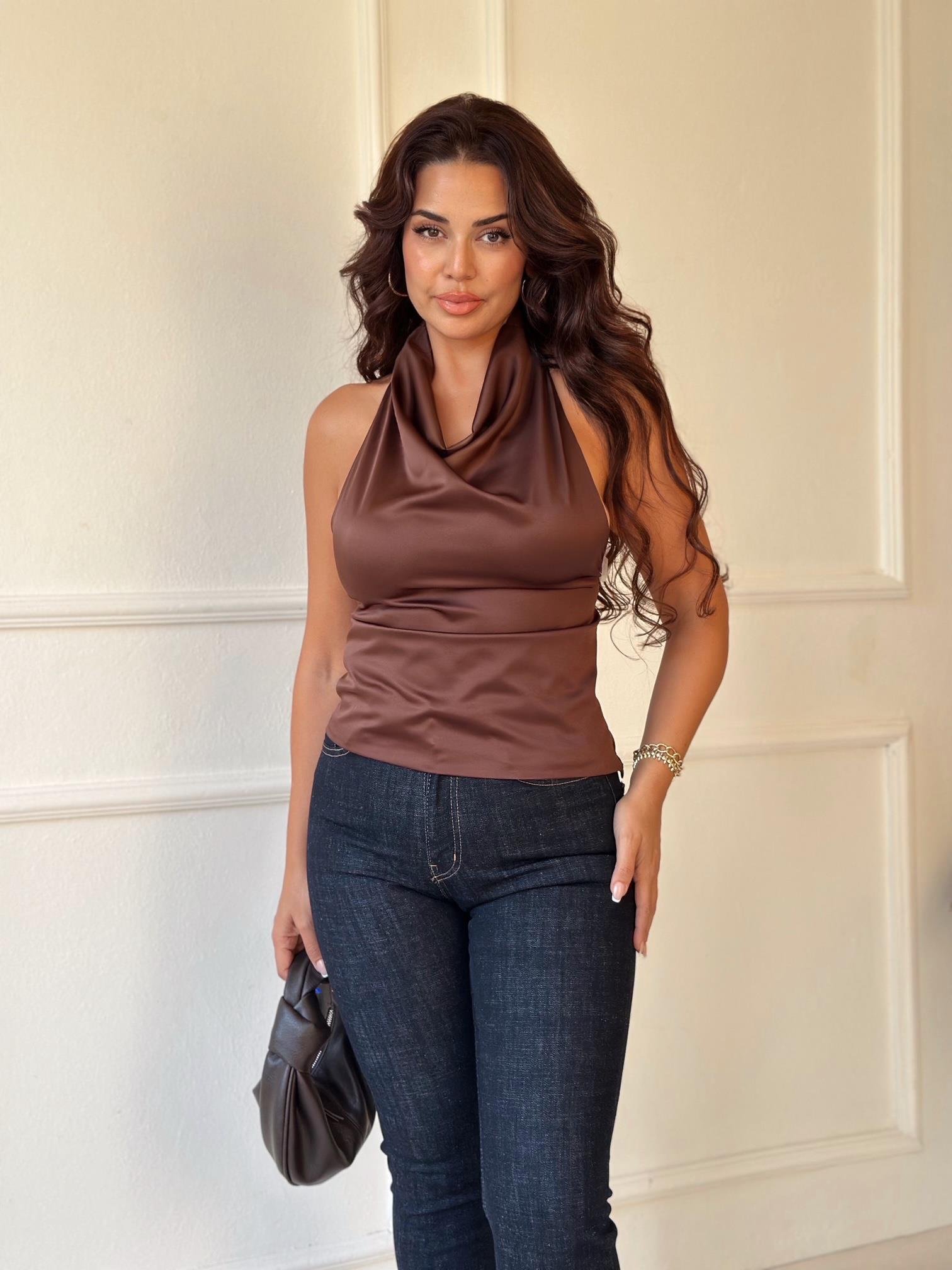 Marka Model Saten Halter Yaka Kahve  Bluz