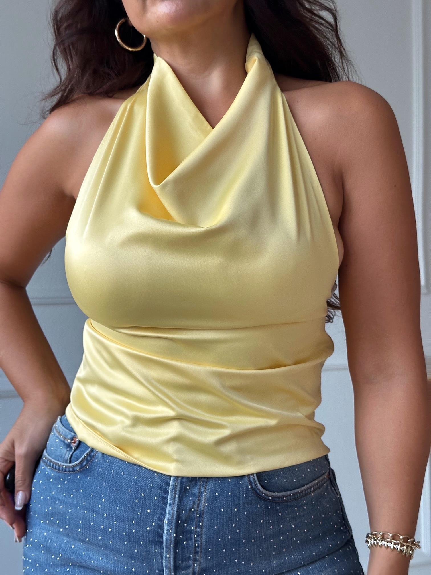 Marka Model Saten Halter Yaka Sarı Bluz