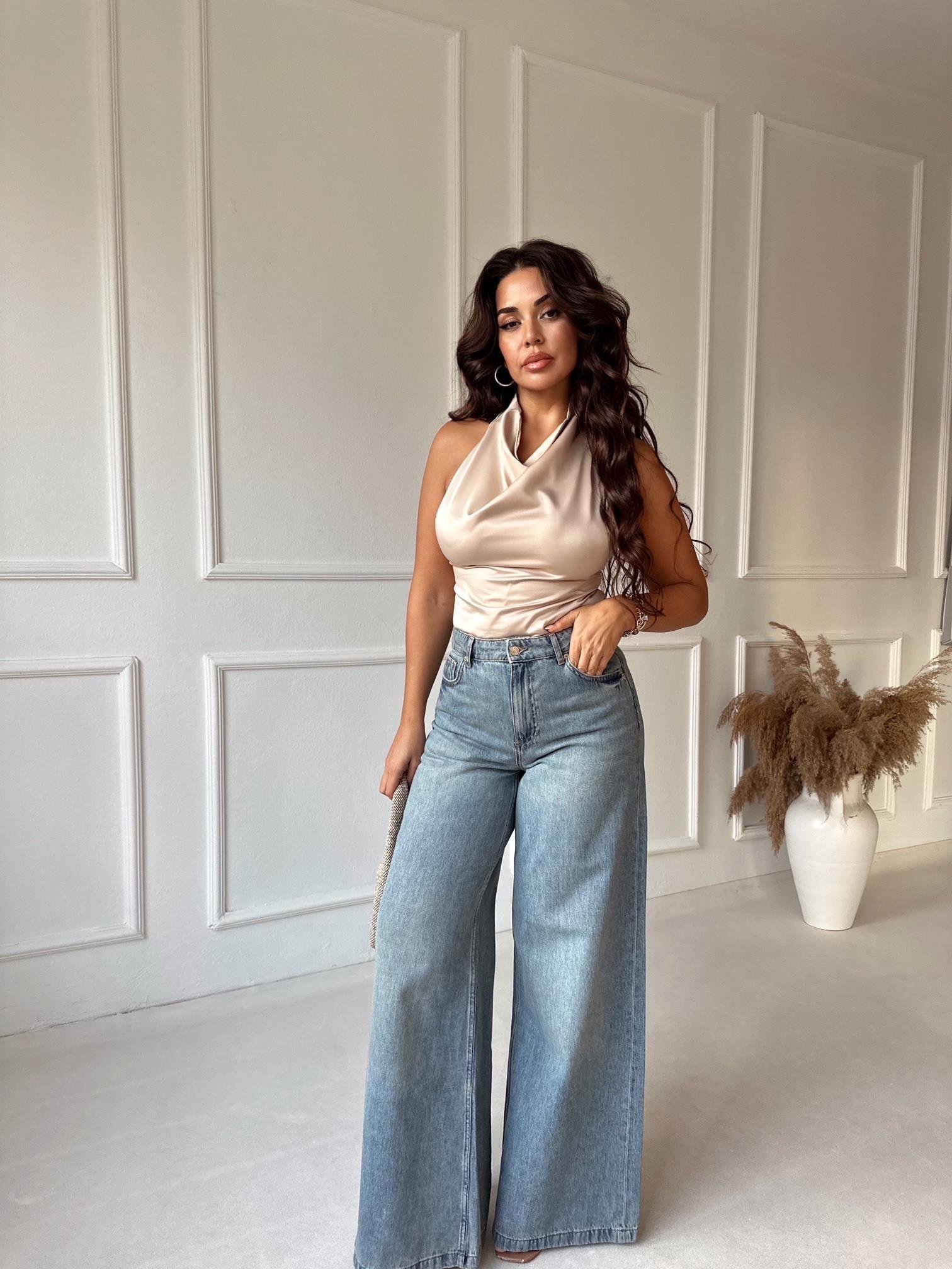 Marka Model Saten Halter Yaka Vizon Bluz