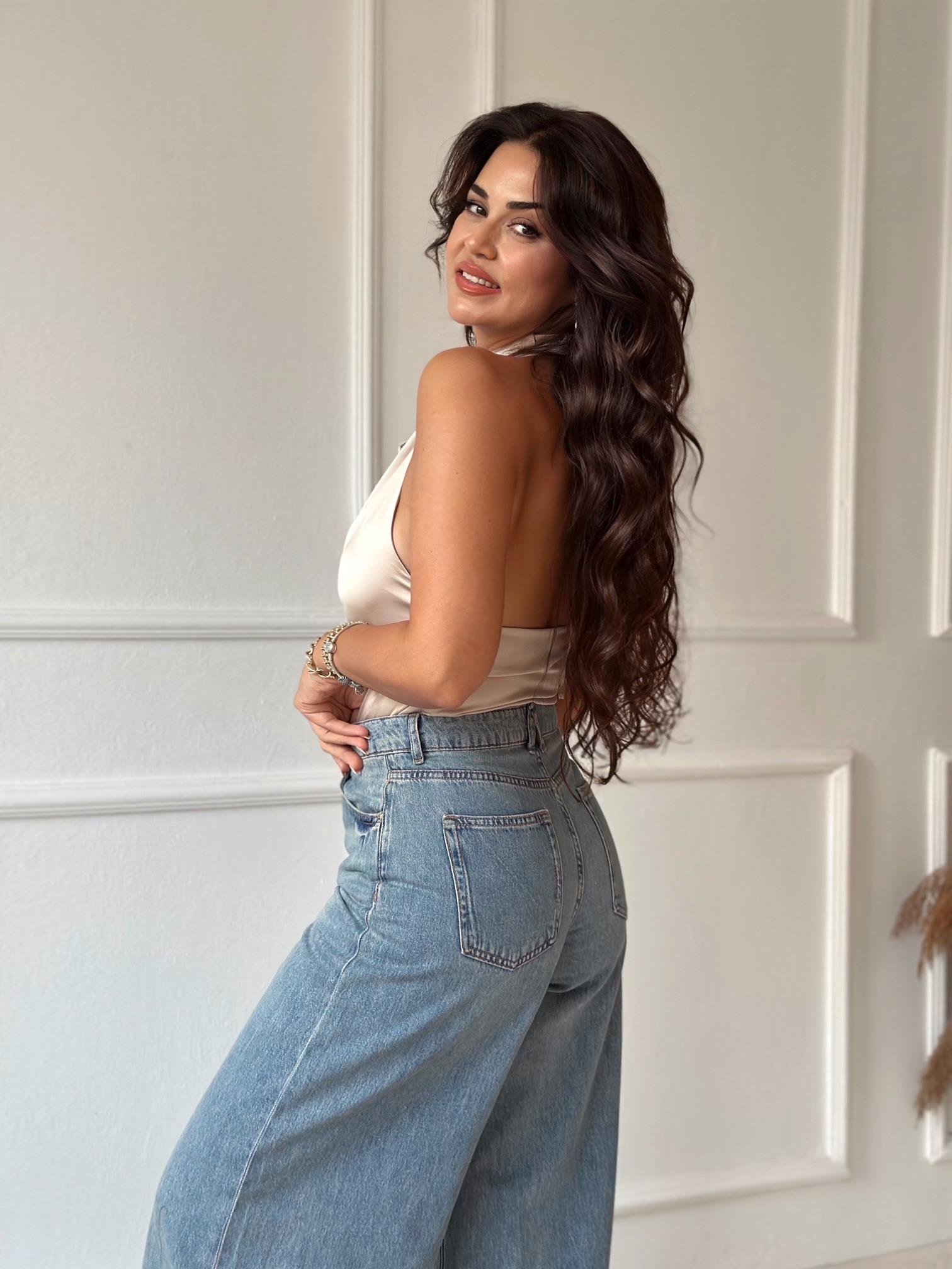 Marka Model Saten Halter Yaka Vizon Bluz