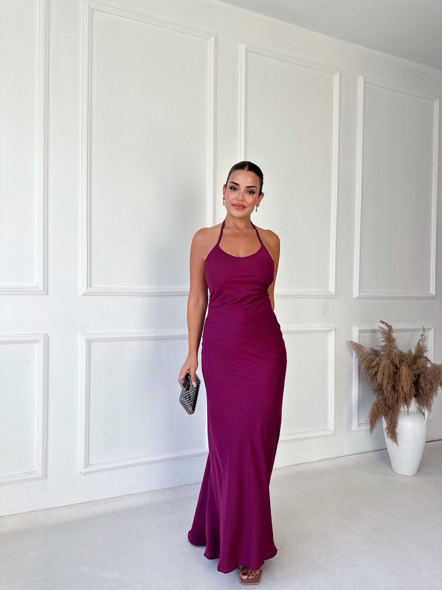 Marka Model Sırt Detaylı Saten Maksi Elbise - Mürdüm