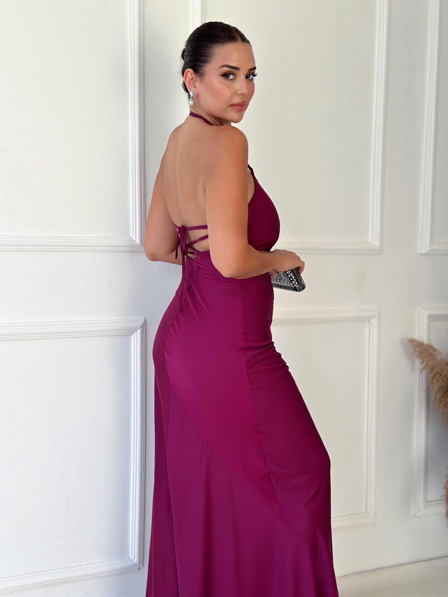 Marka Model Sırt Detaylı Saten Maksi Elbise - Mürdüm