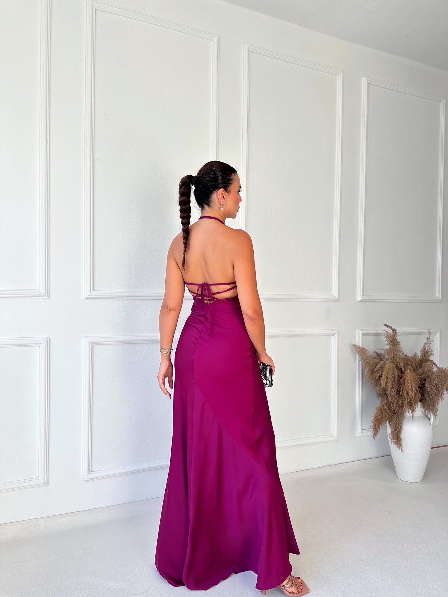 Marka Model Sırt Detaylı Saten Maksi Elbise - Mürdüm