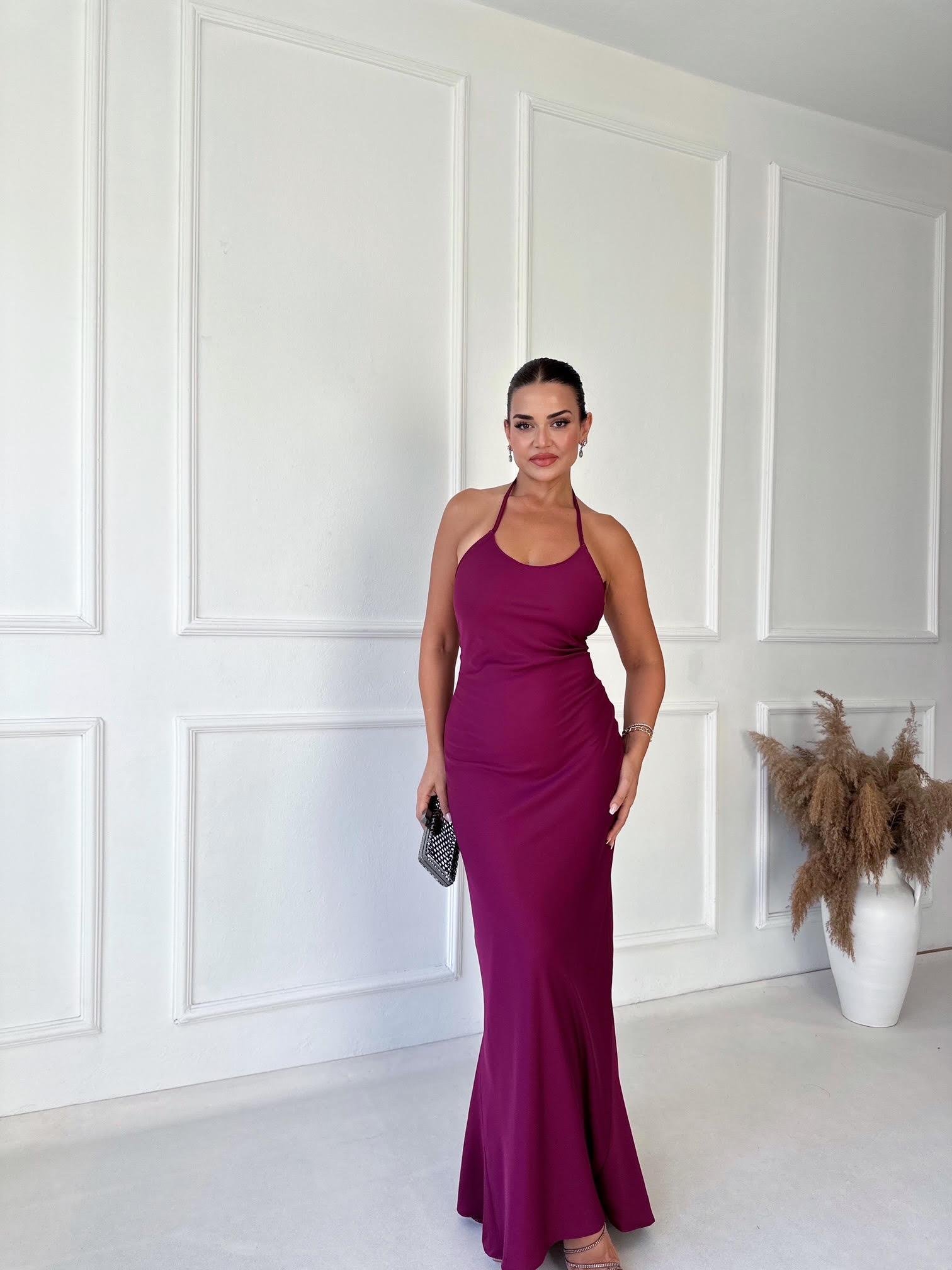 Marka Model Sırt Detaylı Saten Maksi Elbise - Mürdüm