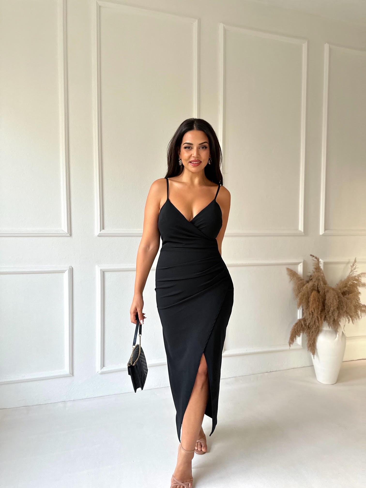 Marka Model Siyah Kruvaze Midi Kalem Elbise