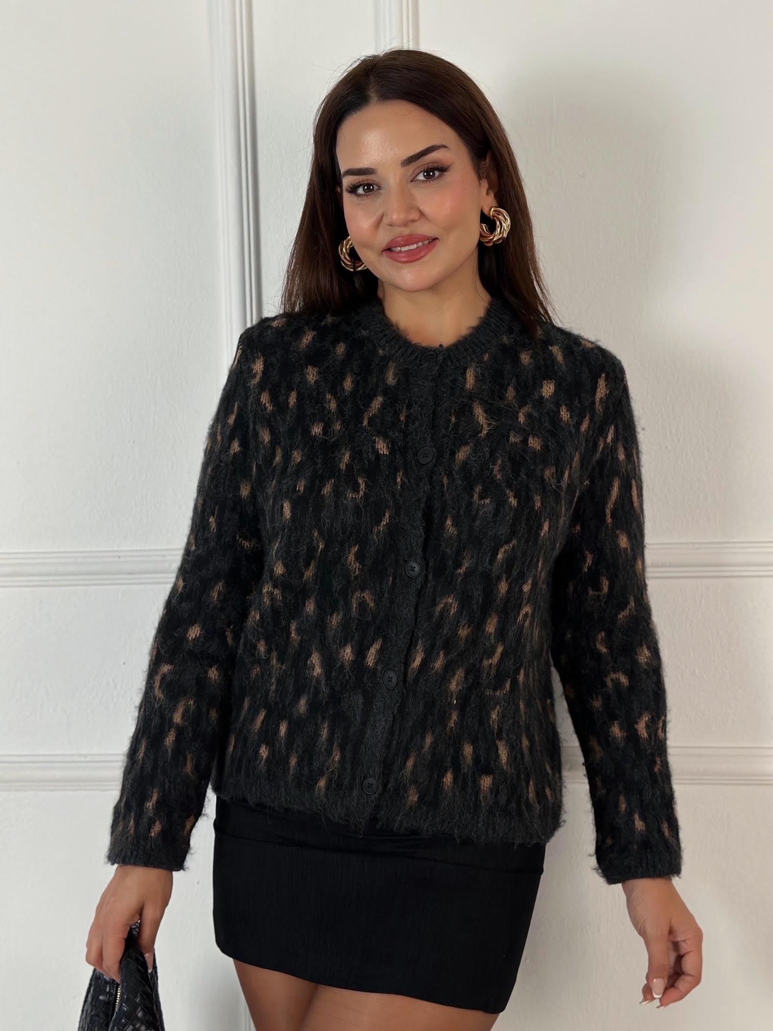 Massi Model Leopar Desen Jakarlı Triko Hırka