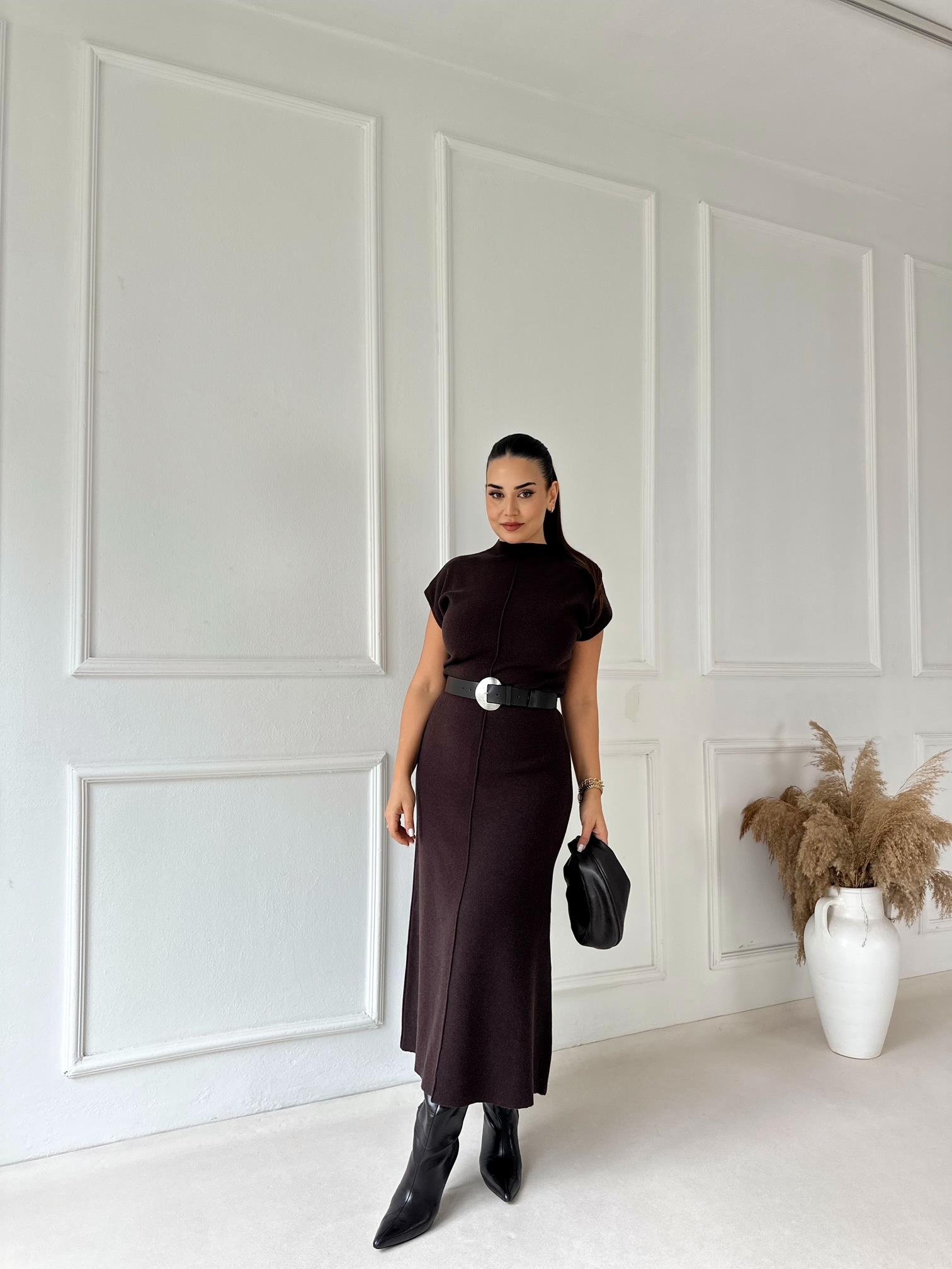 Minimal Line Yüksek Bel Midi Triko Etek - Kahve