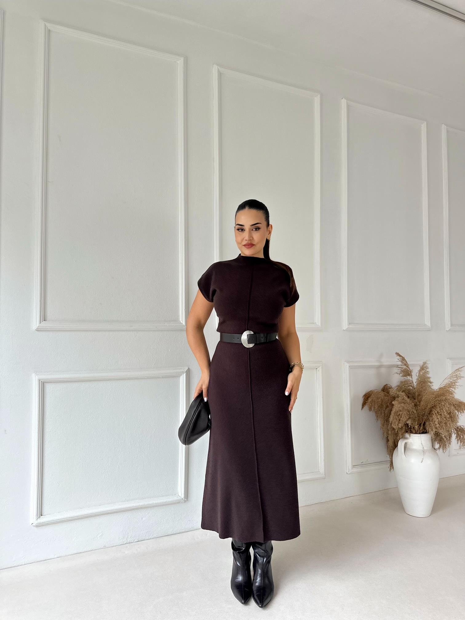 Minimal Line Yüksek Bel Midi Triko Etek - Kahve