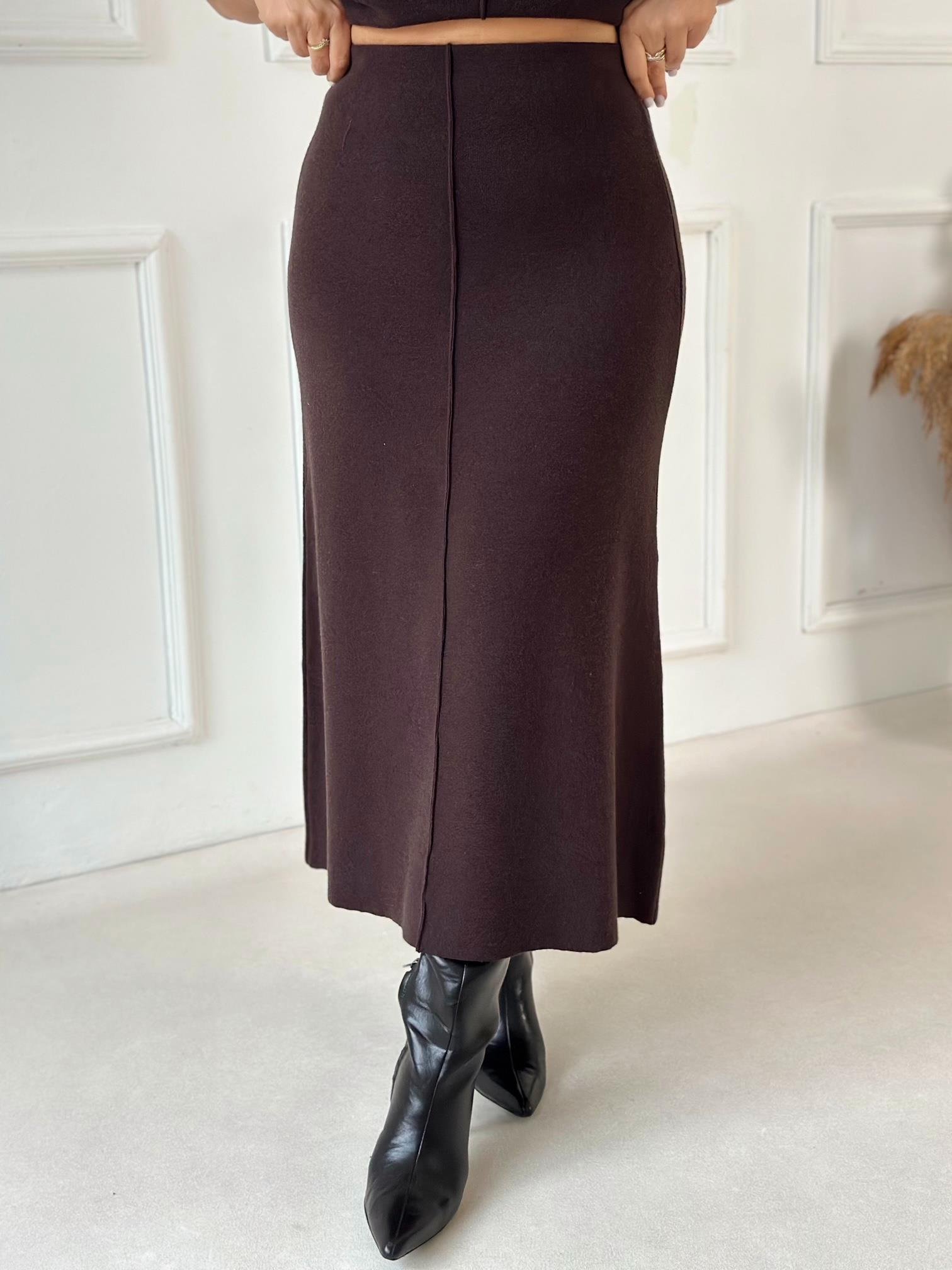 Minimal Line Yüksek Bel Midi Triko Etek - Kahve