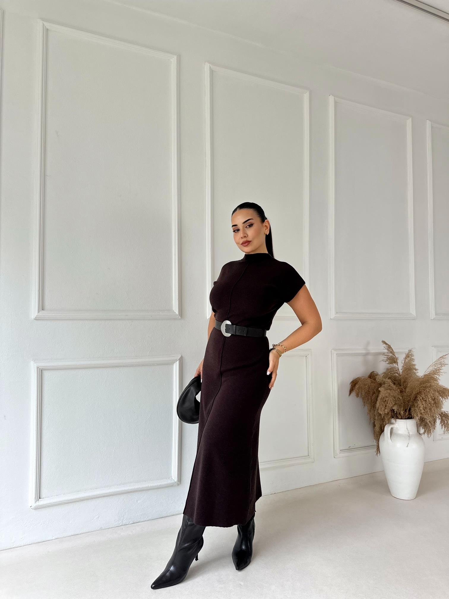 Minimal Line Yüksek Bel Midi Triko Etek - Kahve