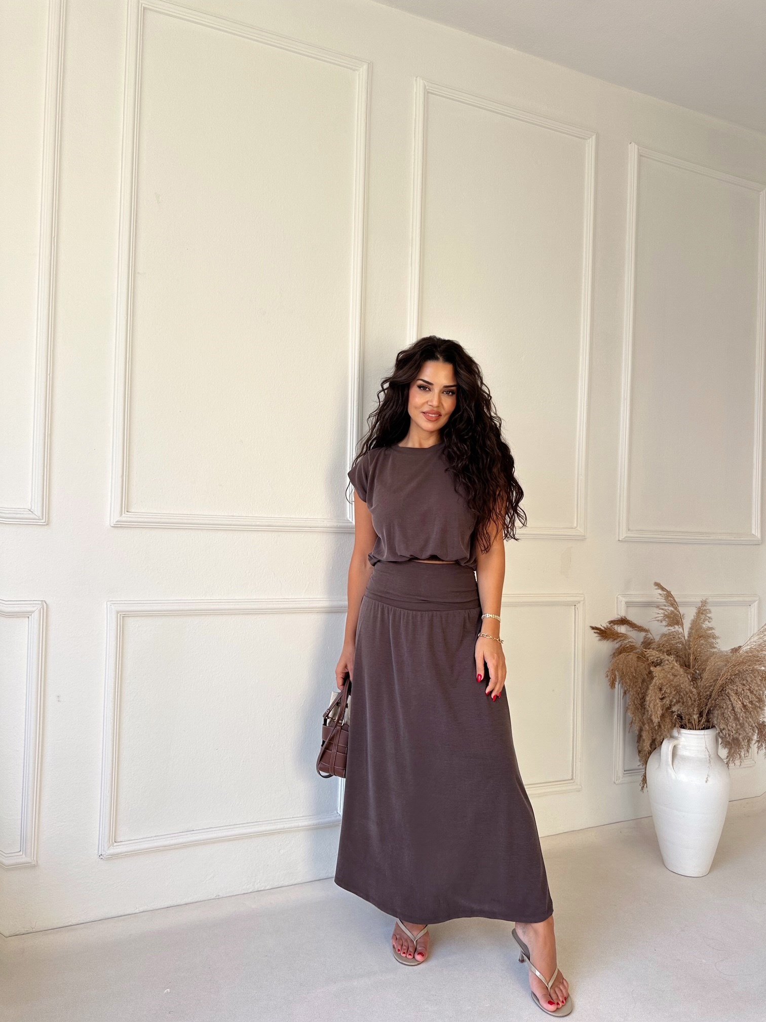 Mira Modal Etek Bluz Takım - Kahve