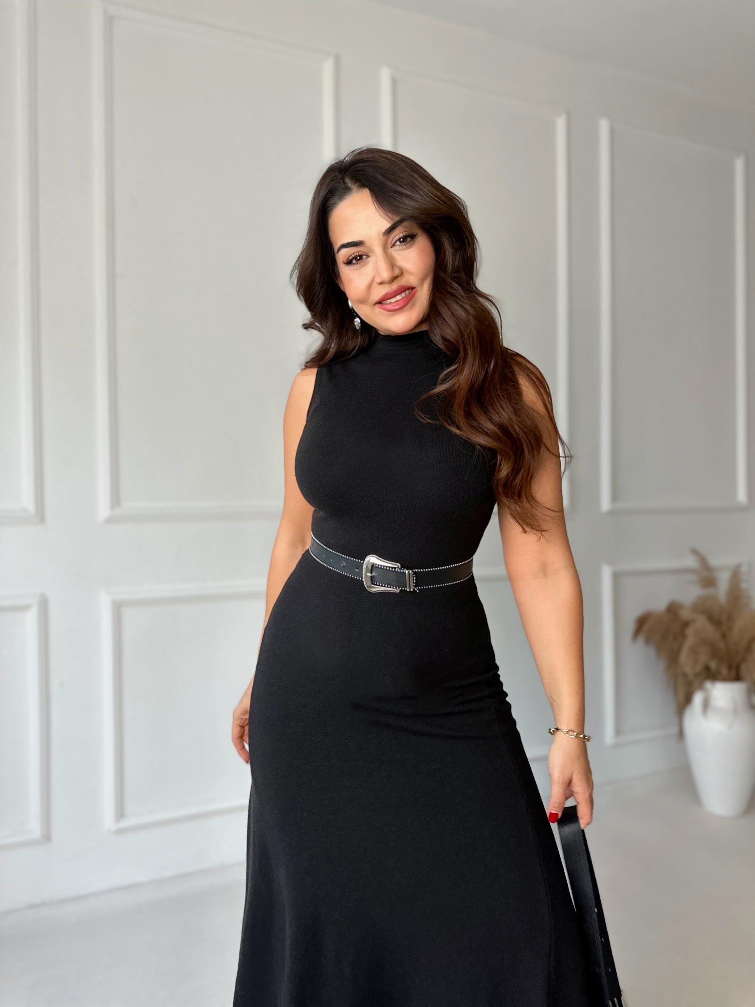 Mocha Chic Kolsuz Midi Triko Elbise - Siyah