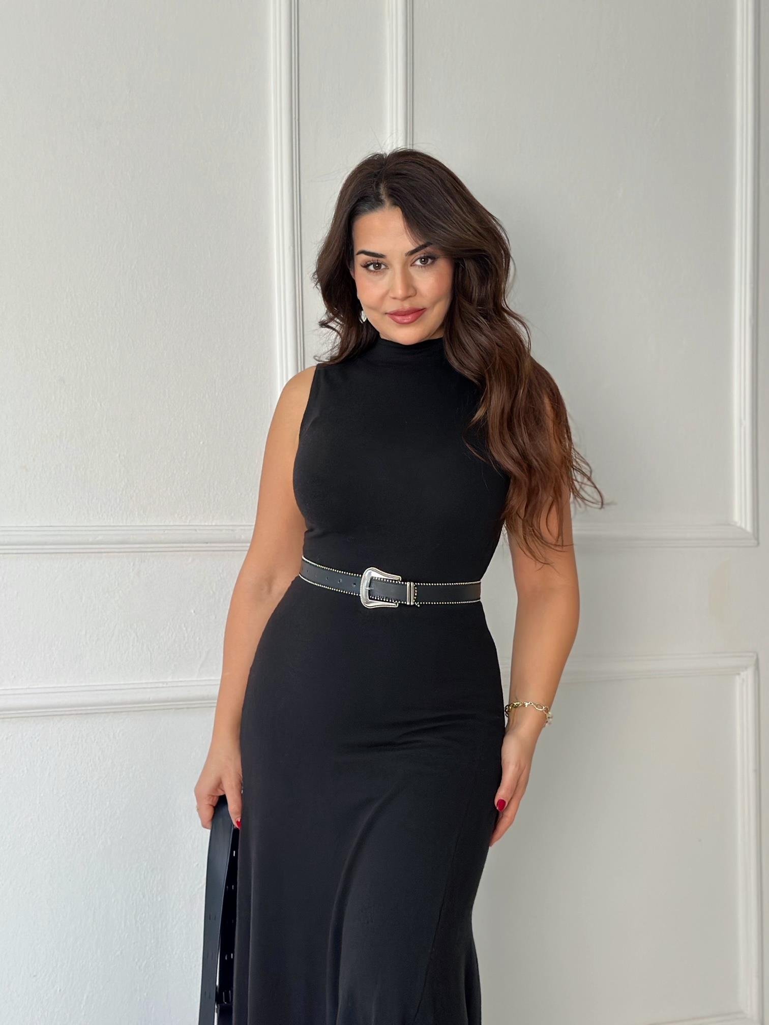 Mocha Chic Kolsuz Midi Triko Elbise - Siyah